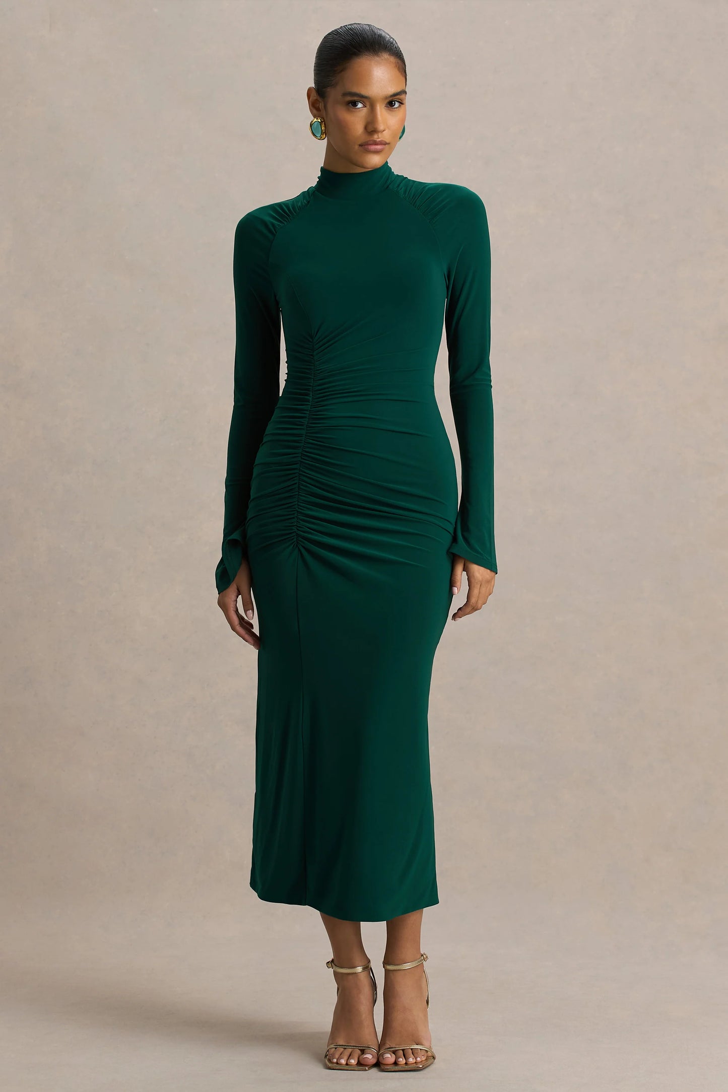 Cassandra Bottle Green High-Neck Long-Sleeve Midi Dress