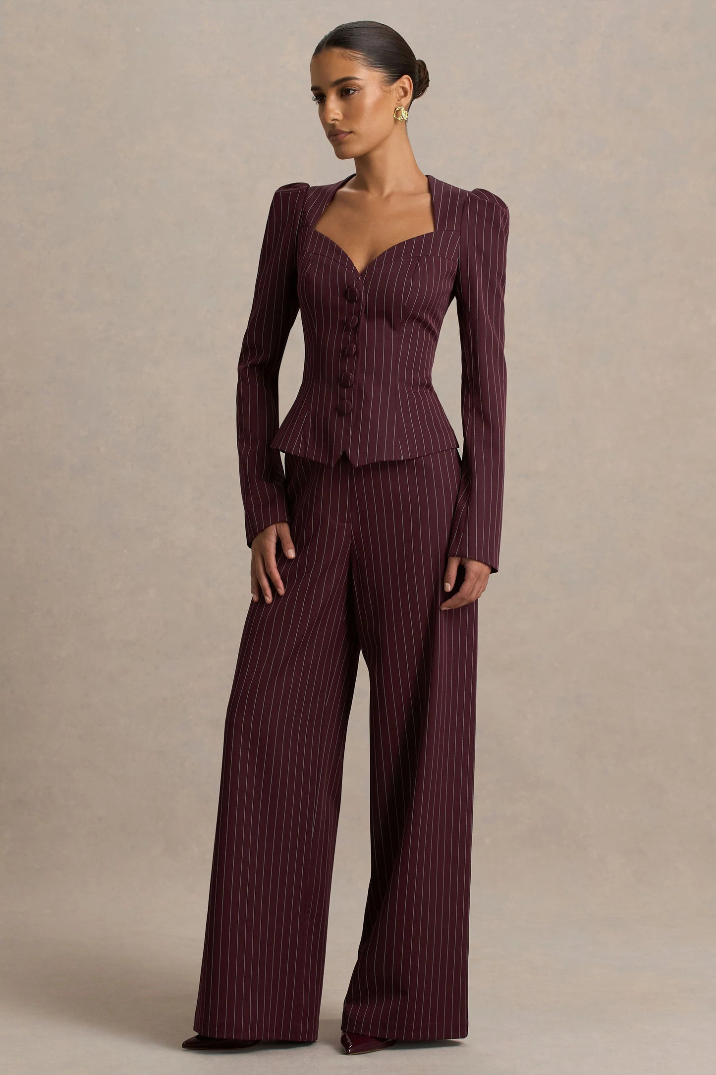 Asteria Burgundy Pinstripe Wide-Leg Trousers