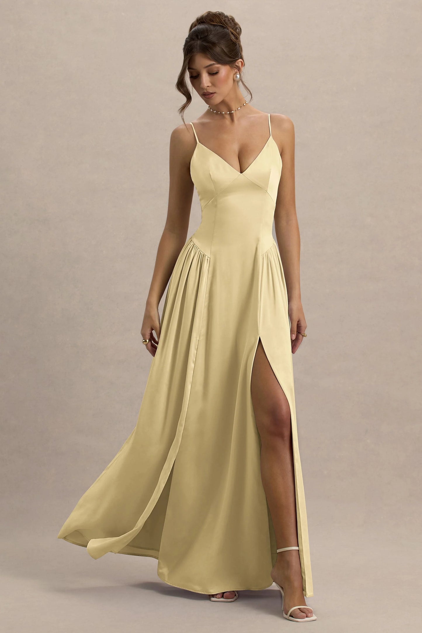 Jonas Lemon Plunge-Neck Maxi Dress With Cami Straps