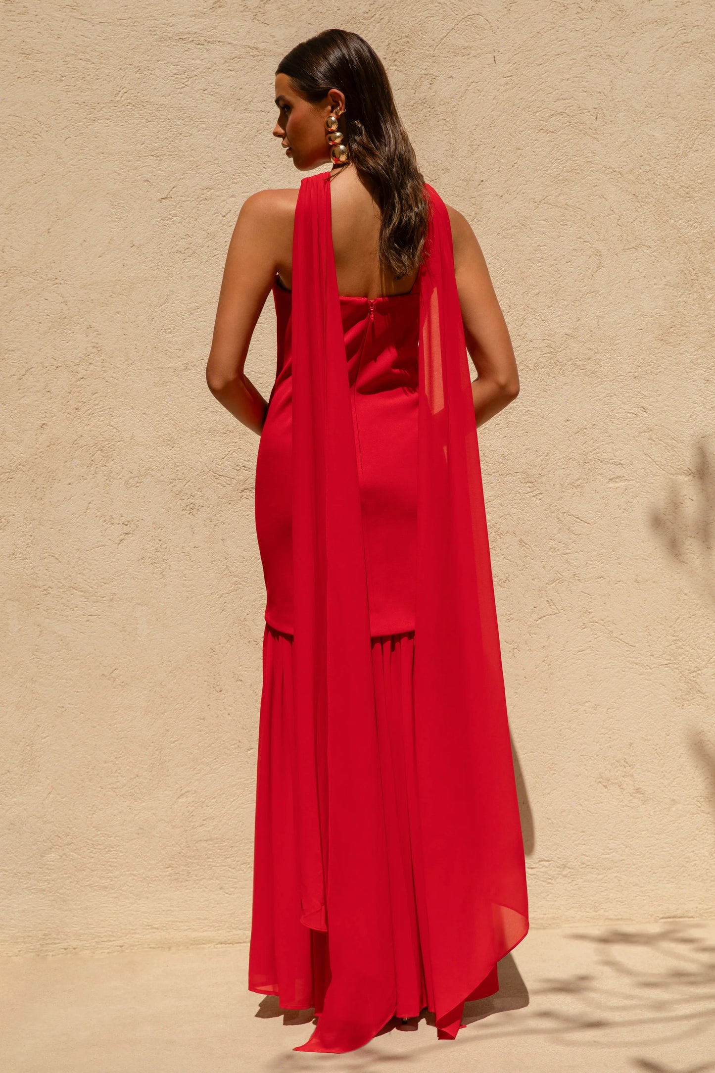 Kylie Red High-Neck Maxi Dress With Chiffon Skirt