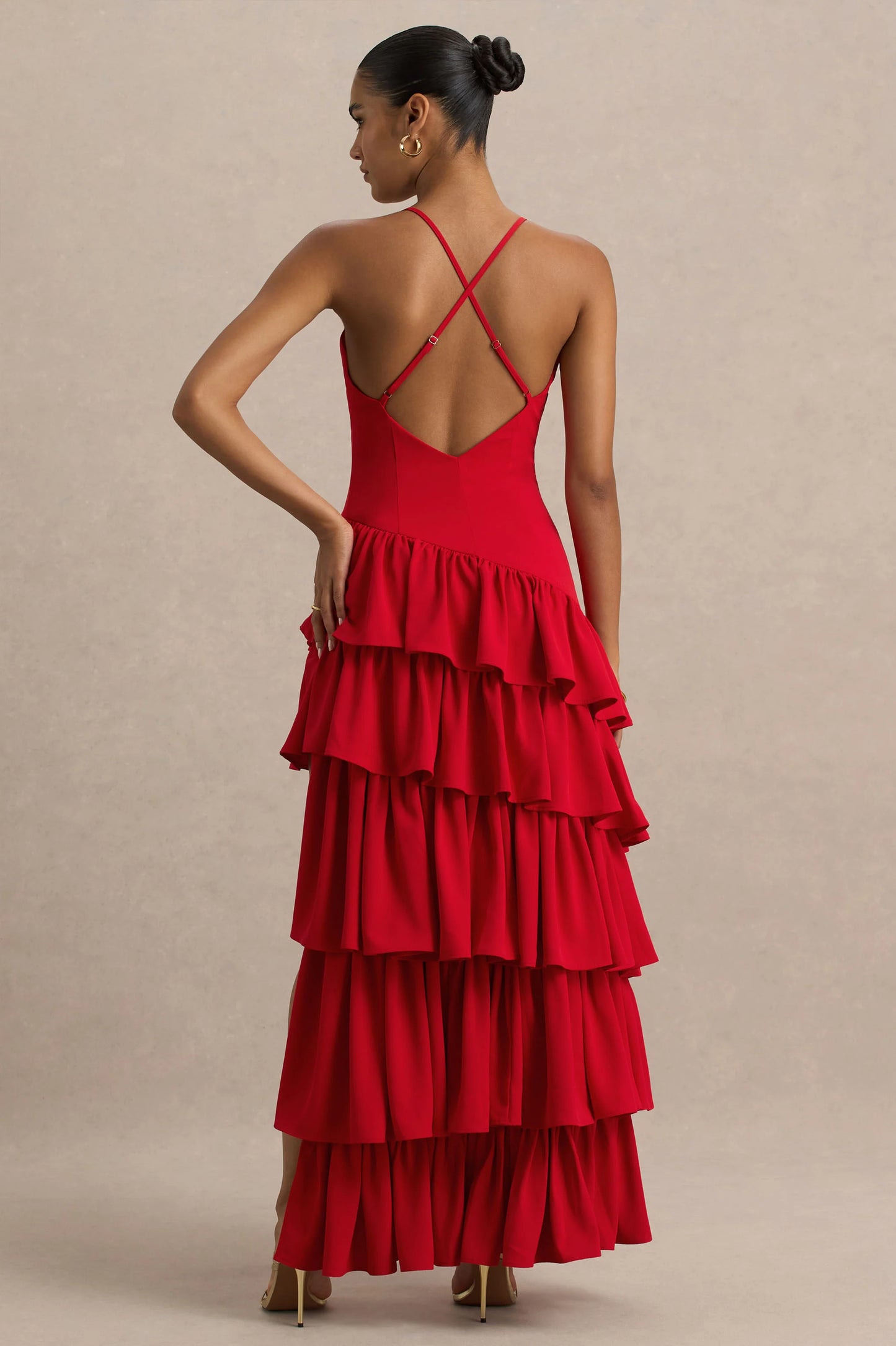 Bogota Red Plunge-Neck Maxi Dress With Ruffling Details And Front High Split