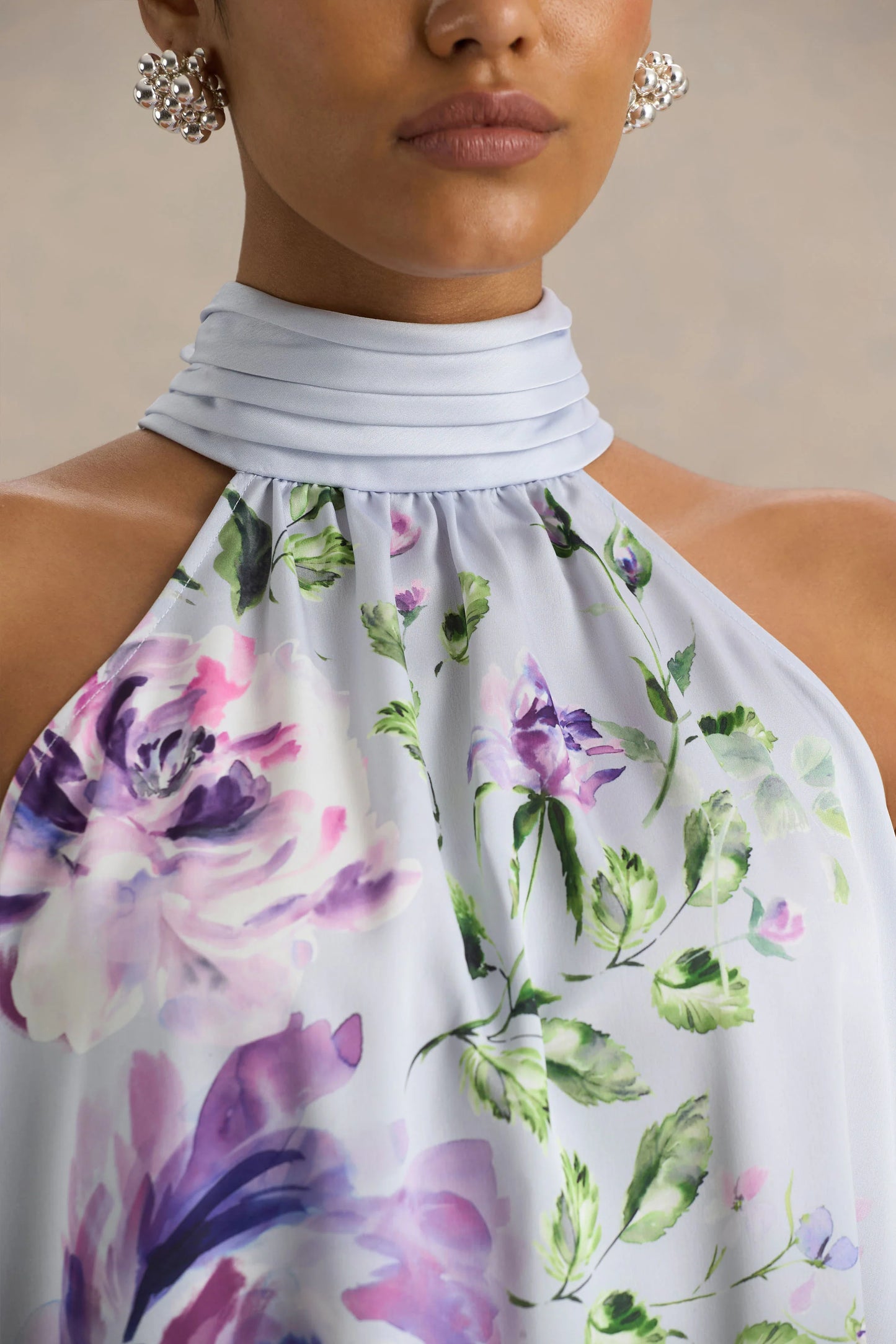 Evita Powder Blue Rose Print High-Neck A-Line Mini Dress With Bow