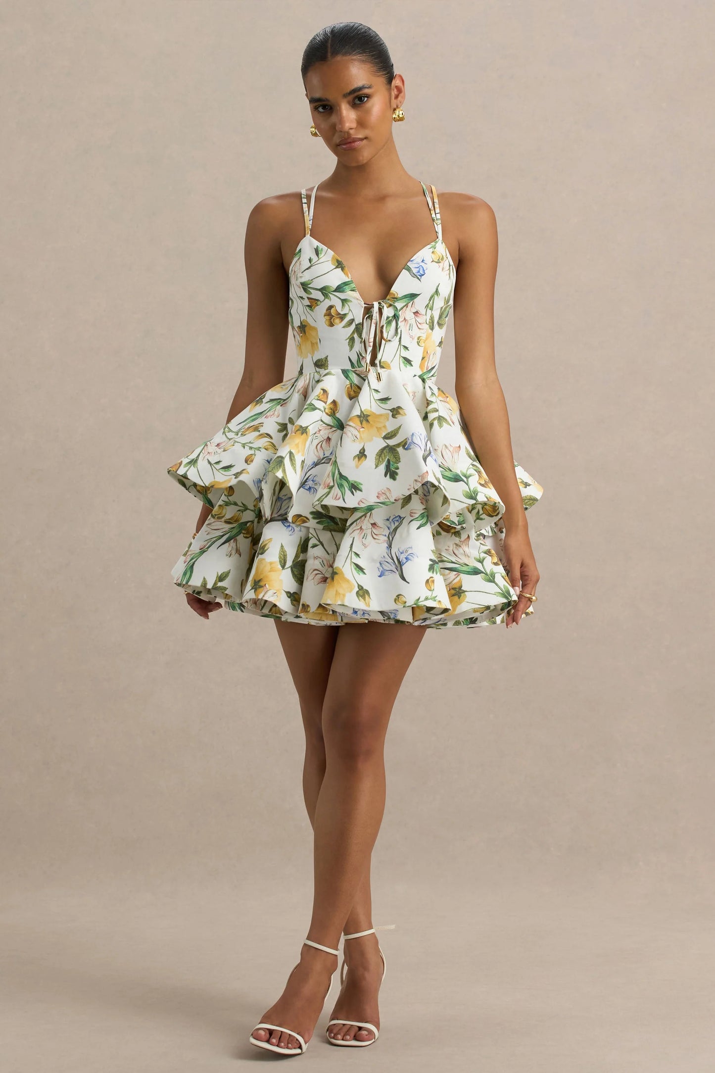 Flavia Lemon Floral Print Plunge-Neck Ruffled Skater Micro-Mini Dress