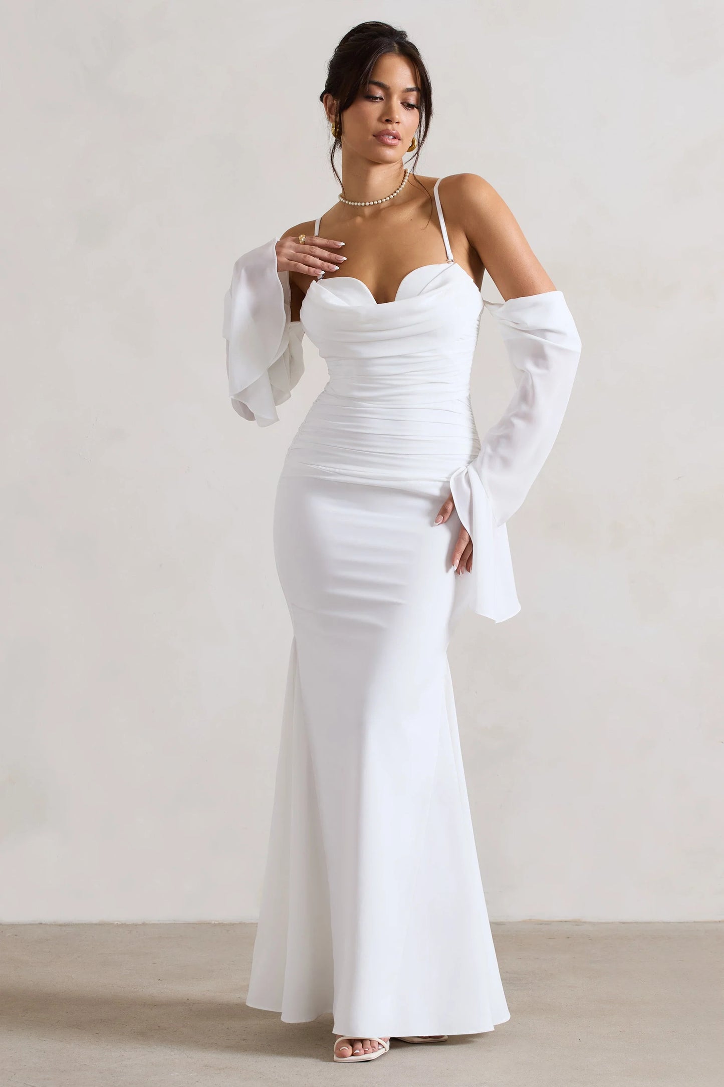 Rhiannon Cream Draped Flared-Sleeve Fishtail Maxi Dress