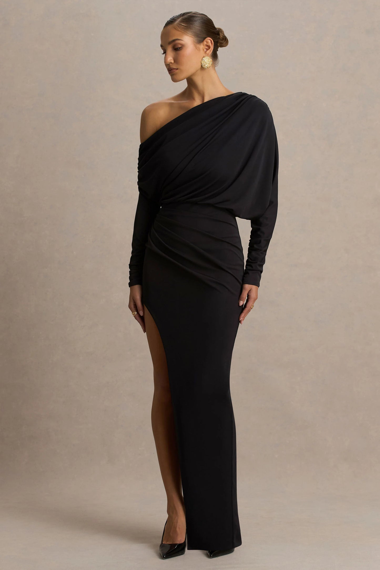 Olivia Black Asymmetric-Neck Maxi Dress With Ruched Detailing And Asymmetric-Hem