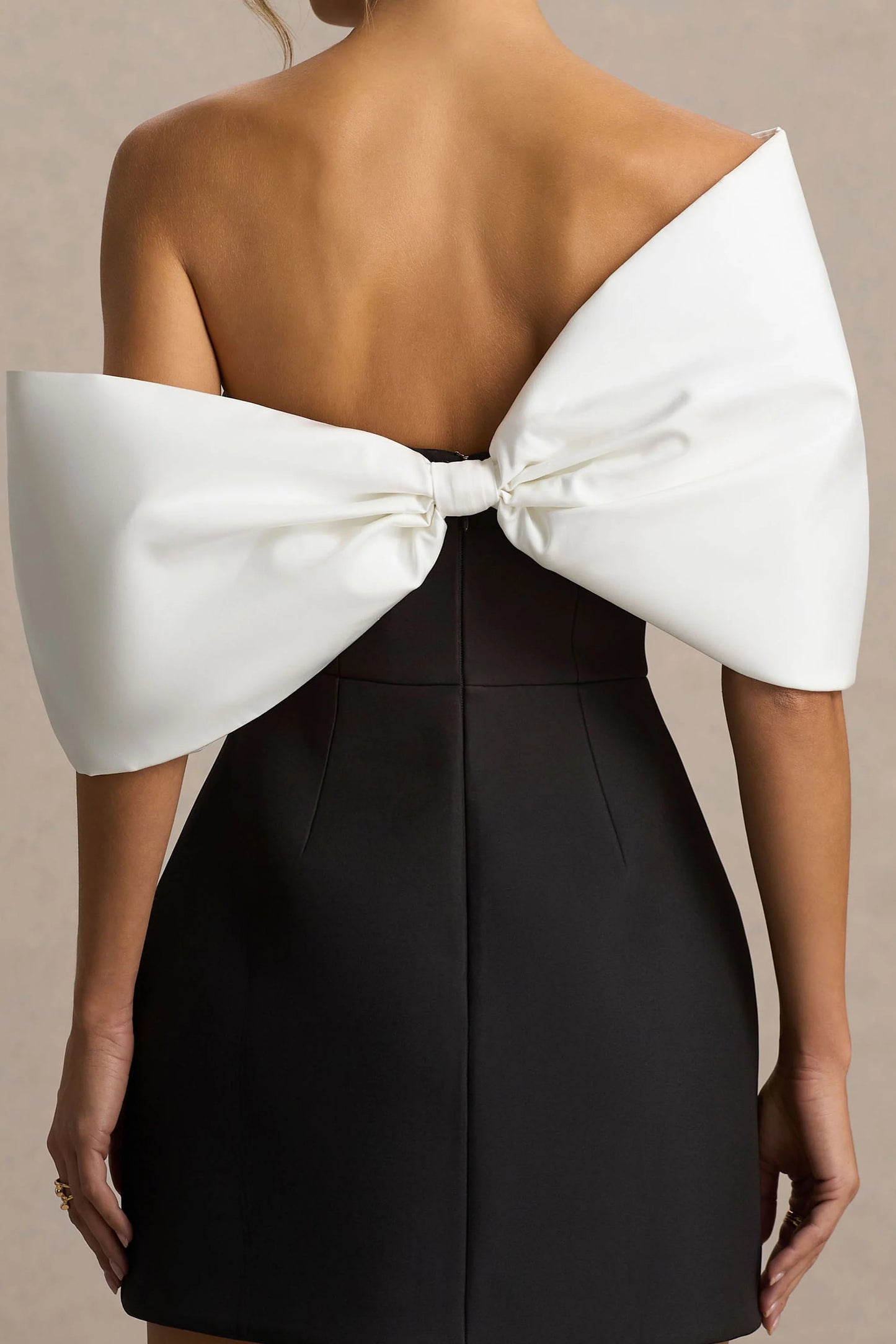 Tindra Black And White Satin Bandeau-Neck Mini Dress With Bow Sleeves