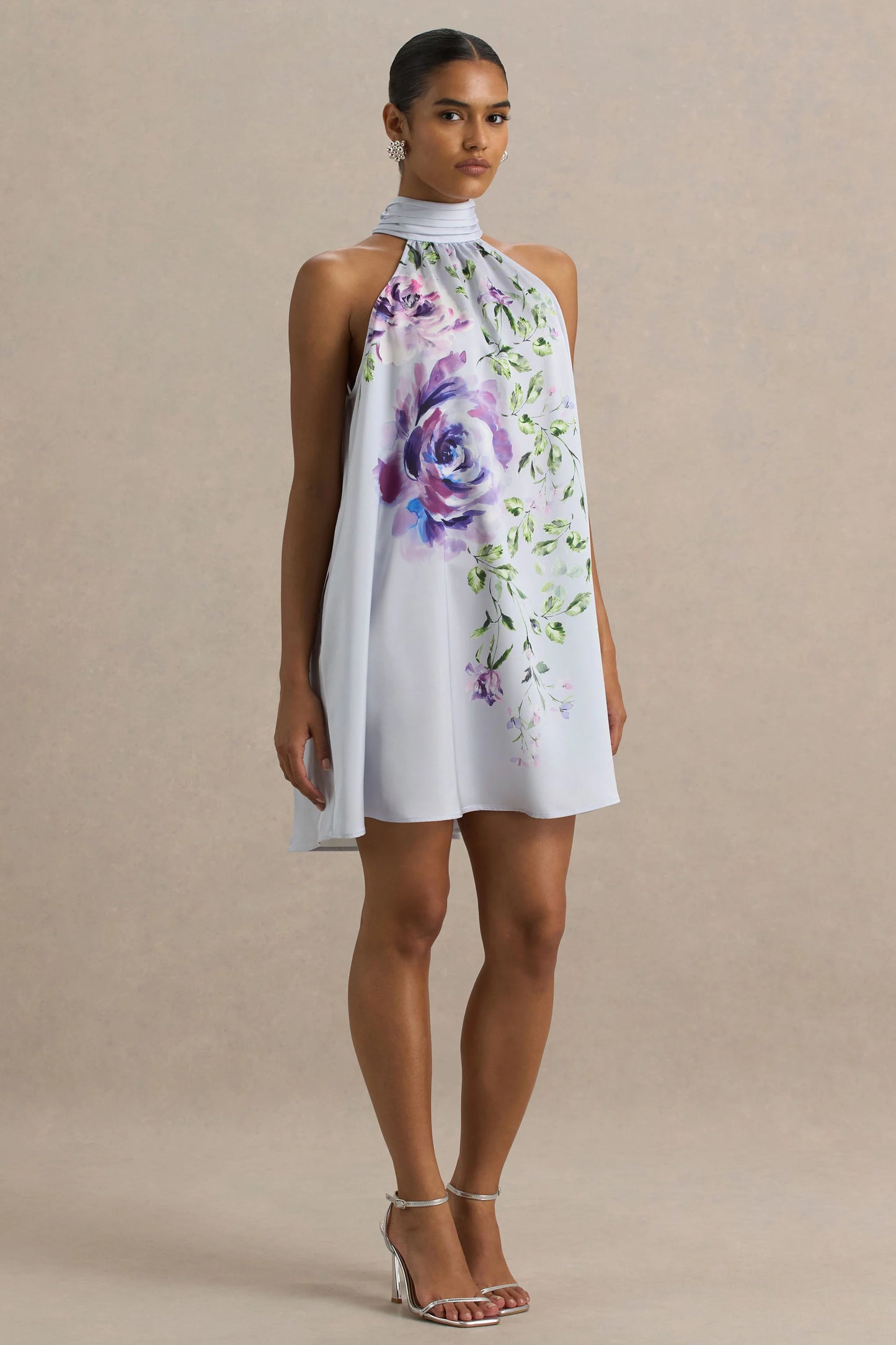 Evita Powder Blue Rose Print High-Neck A-Line Mini Dress With Bow