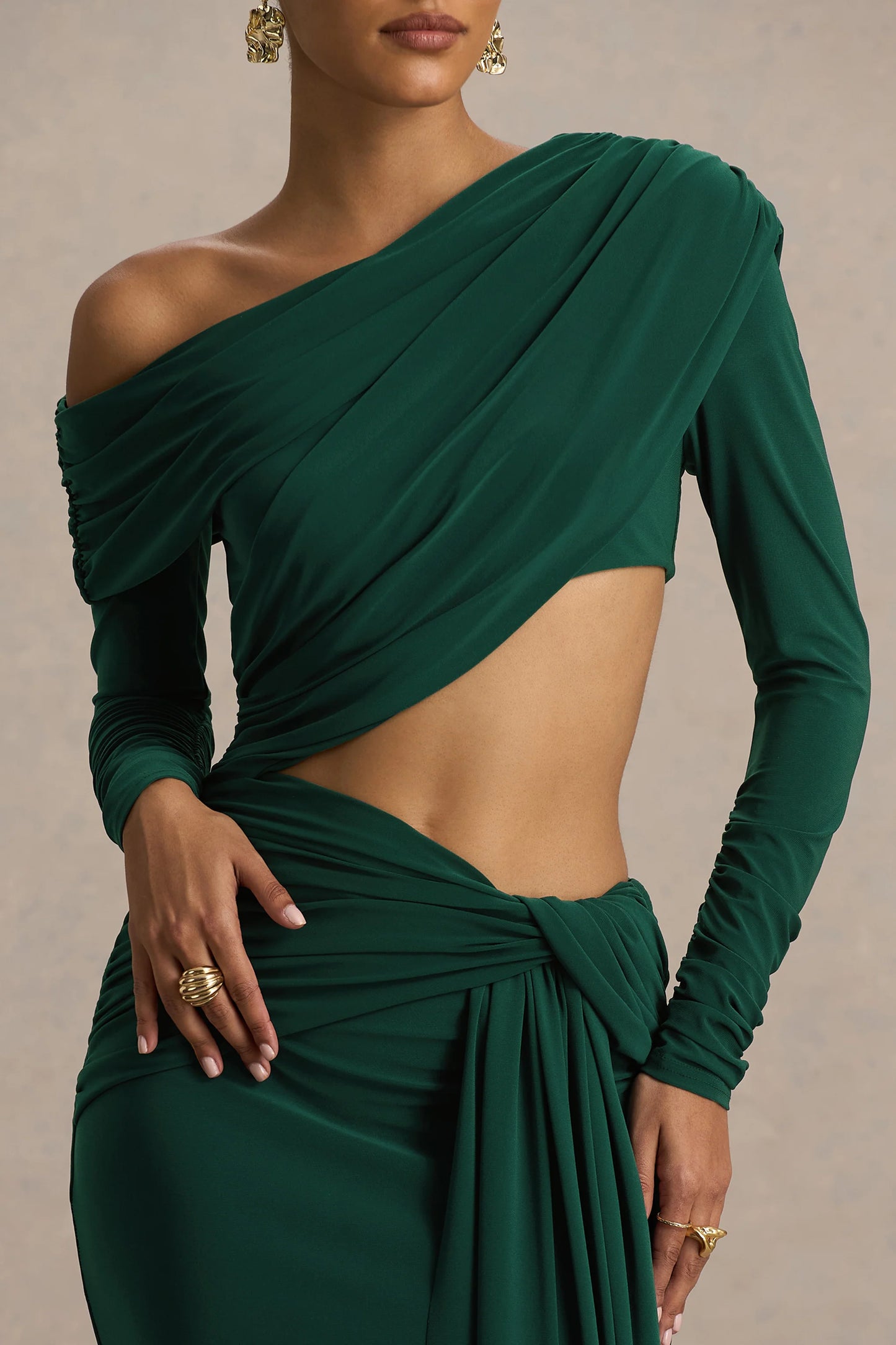 Mikayla Dark Green Asymmetric-Neck Wrap Maxi Dress With Body Cut-Out And Ruched Detailing