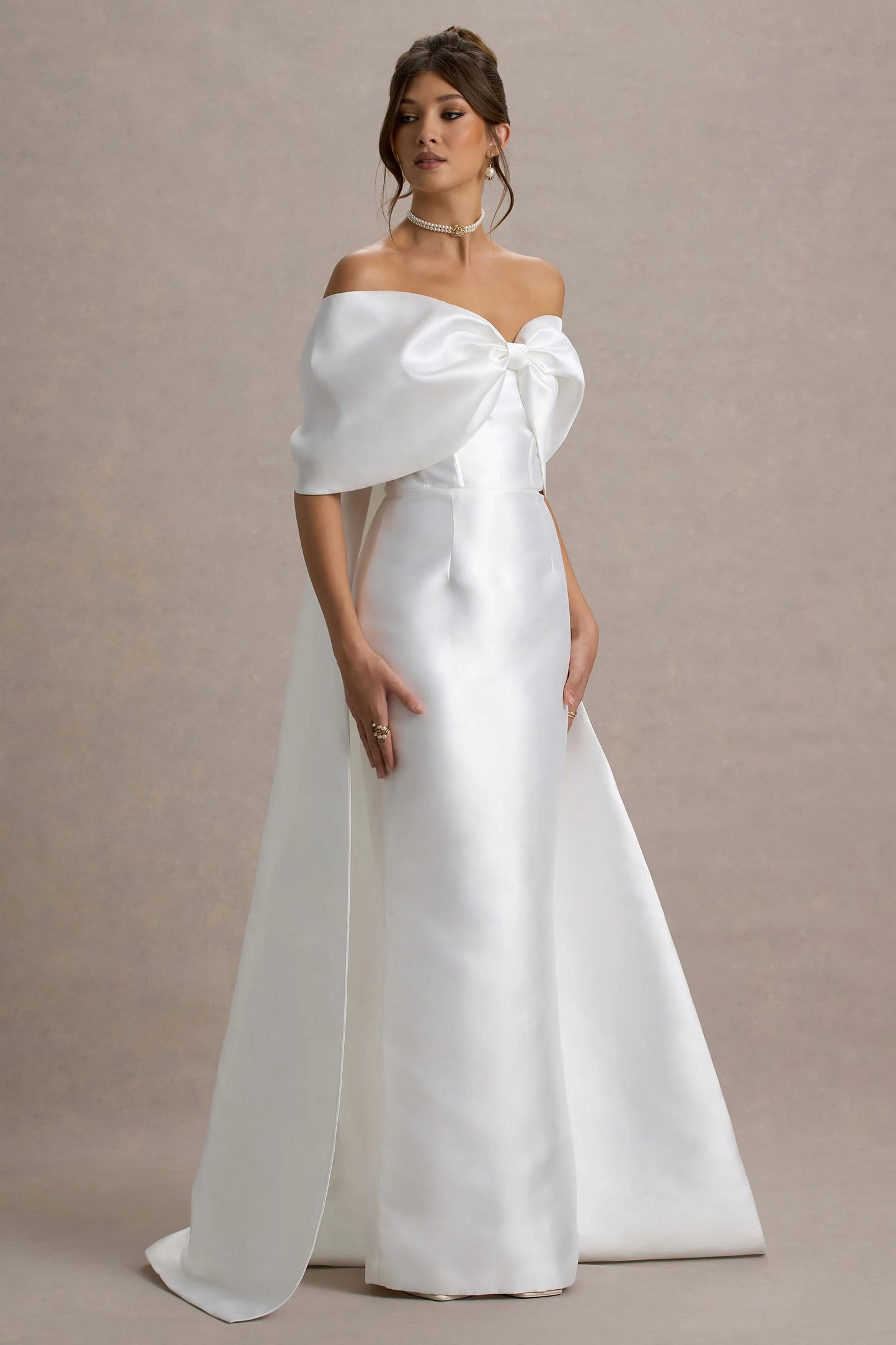 Wanting More Off White Satin Cape Maxi Dress With Oversized Bow