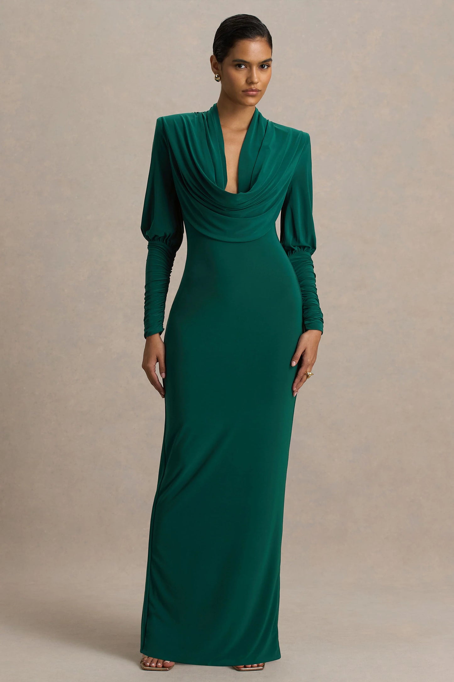 Kaylee Bottle Green Cowl-Neck Maxi Dress With Draping Details