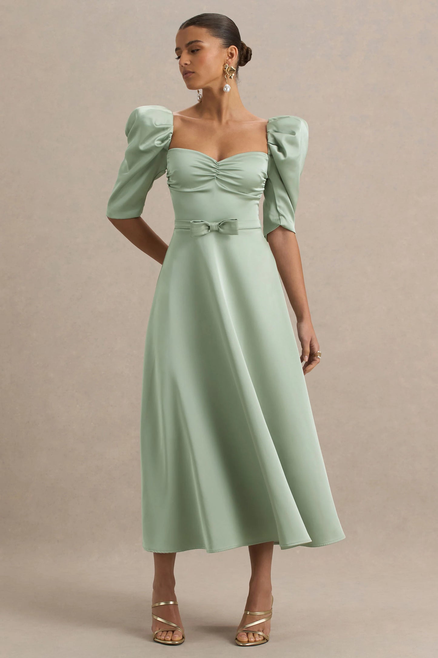 Rosey Green Satin Sweetheart Midi Dress
