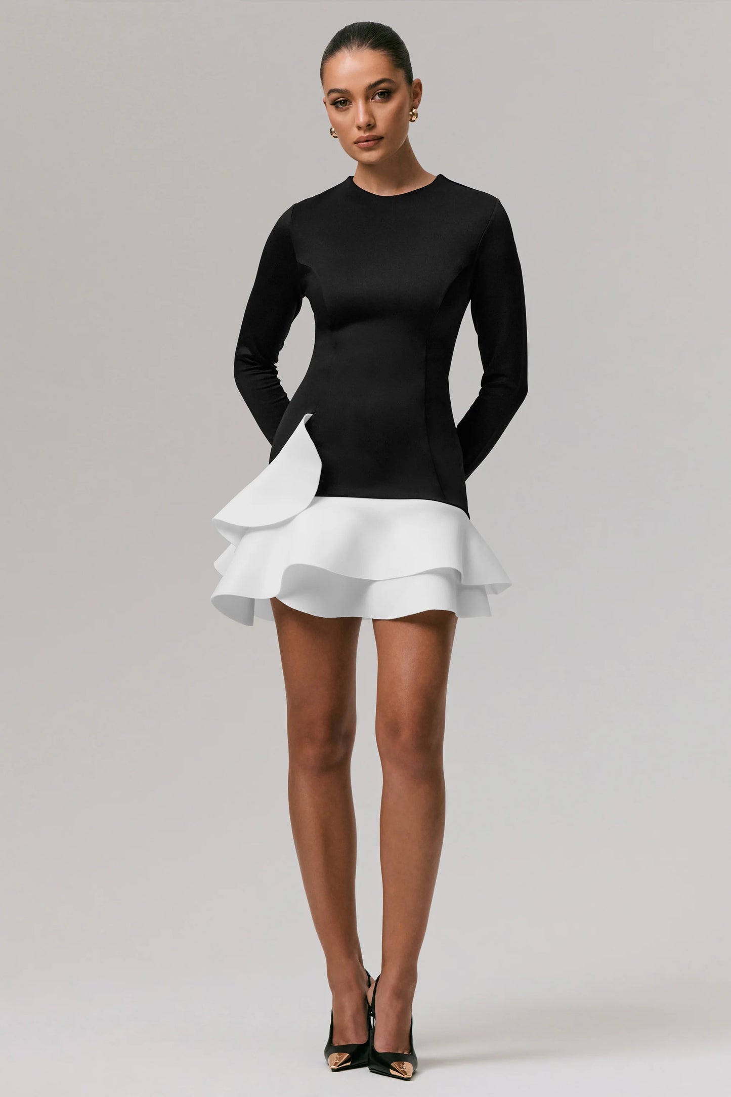 Lucinda Black & White Long-Sleeve Mini Dress With Ruffle Hem