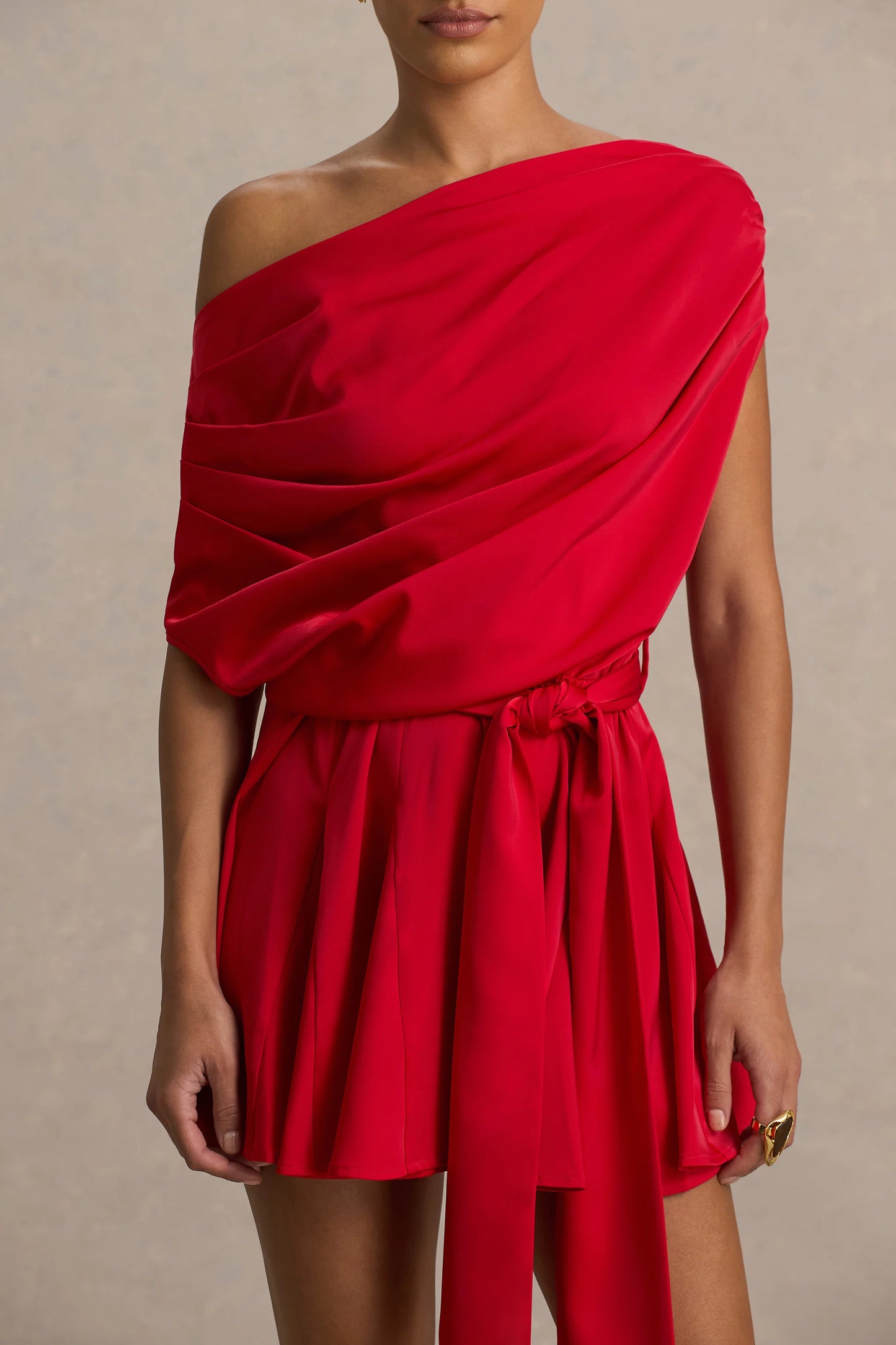 Clydie Red Satin Asymmetric Playsuit With Tie-Waist