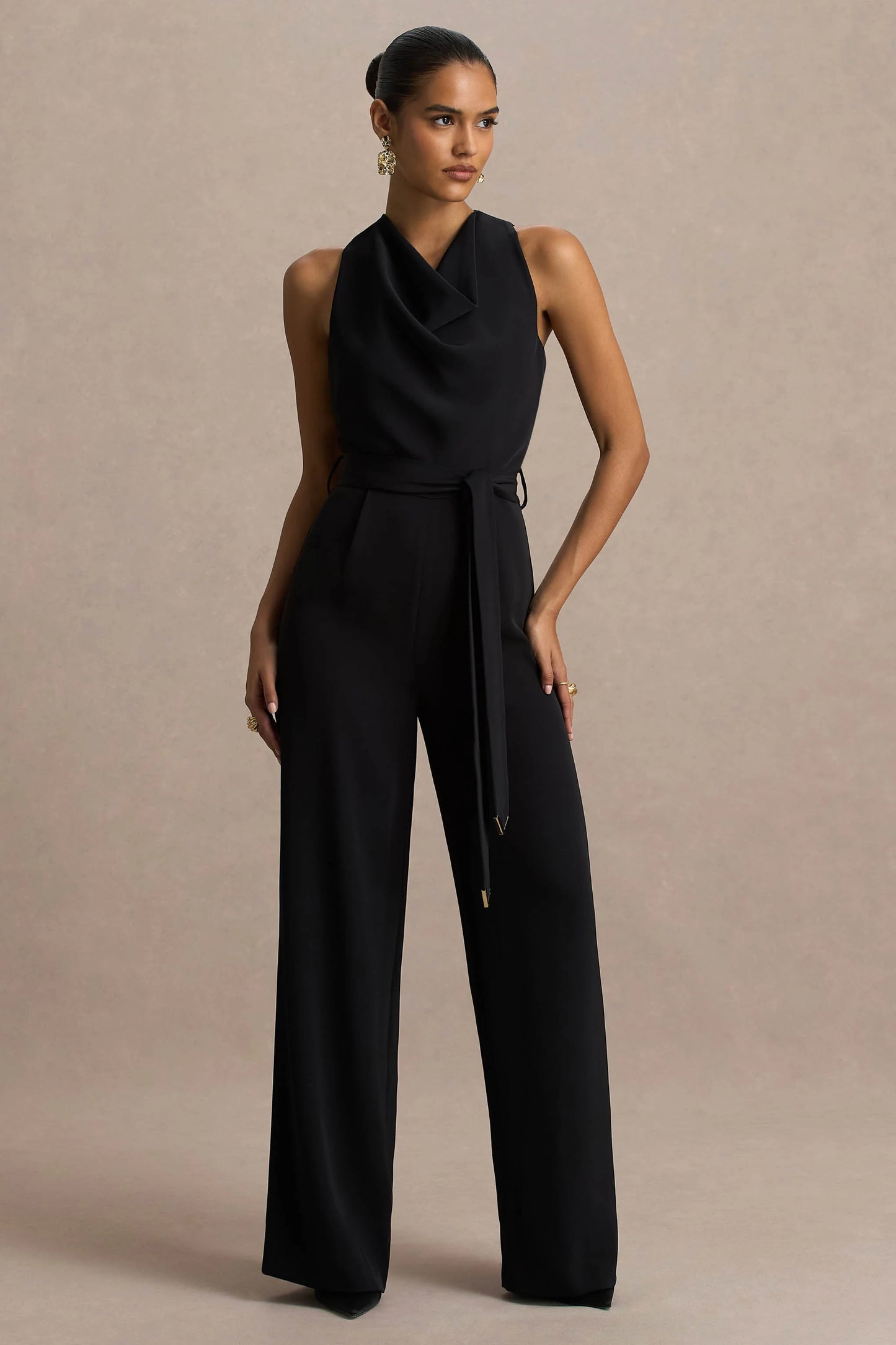 Corina Black Cowl-Neck Jumpsuit With Tie-Detail