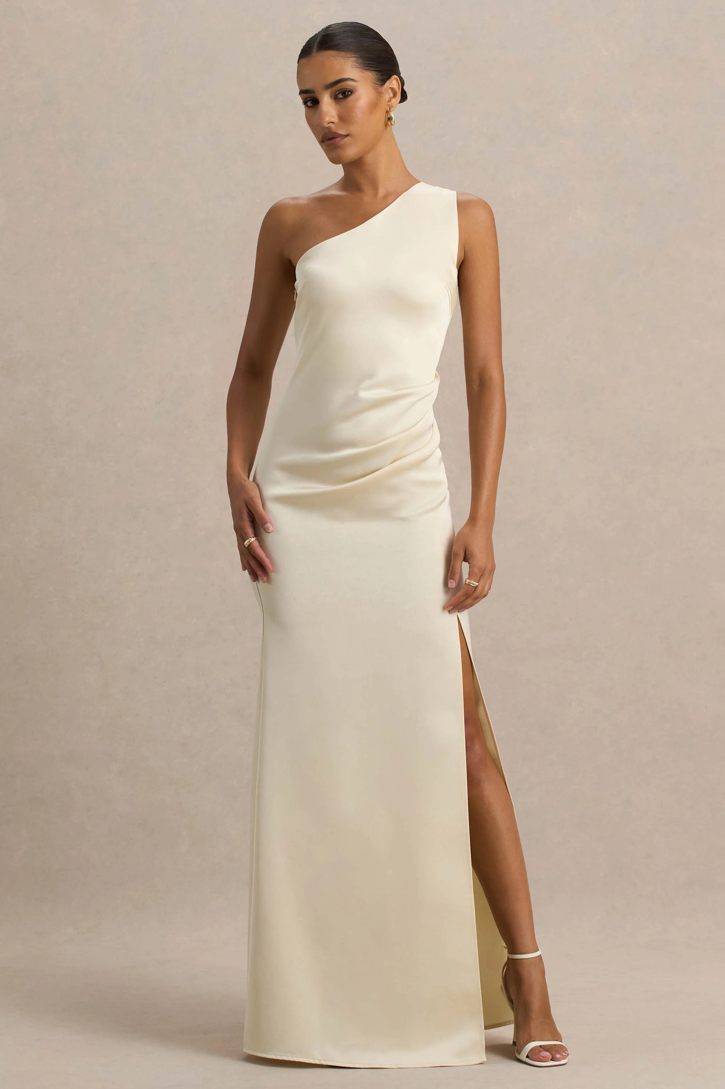 Beth Pale Lemon Asymmetric Neckline High-Split Maxi Dress