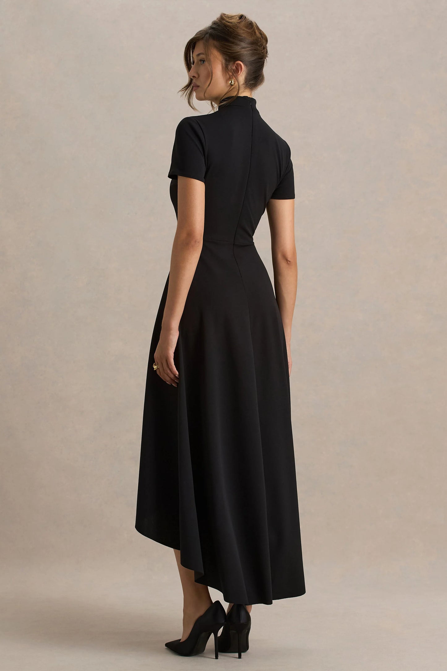Bellona Black High-Neck High-Low Midi Dress