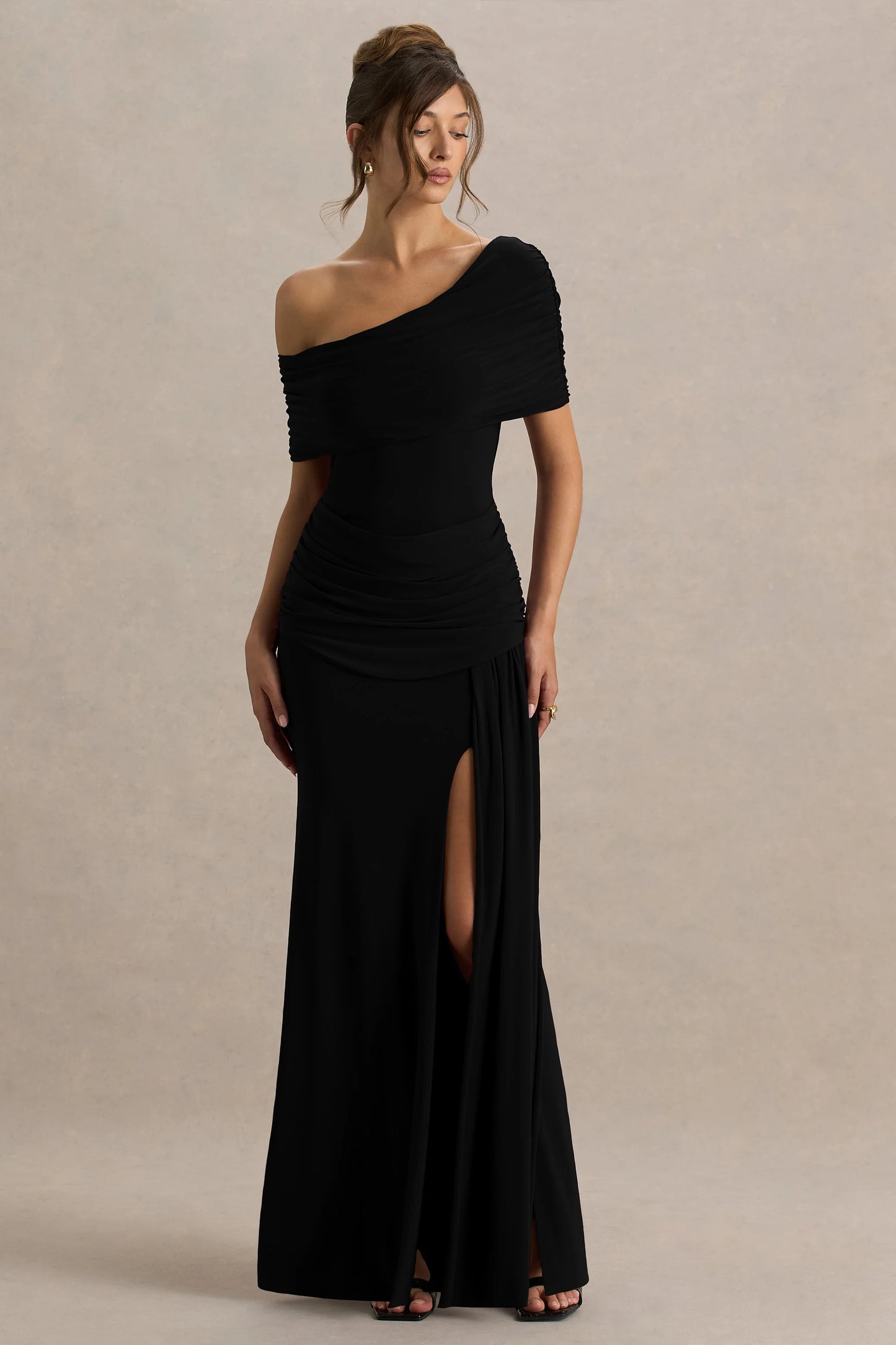 Dynasty Black Asymmetric-Neck Maxi Dress With Ruched Detailing And Front High-Split
