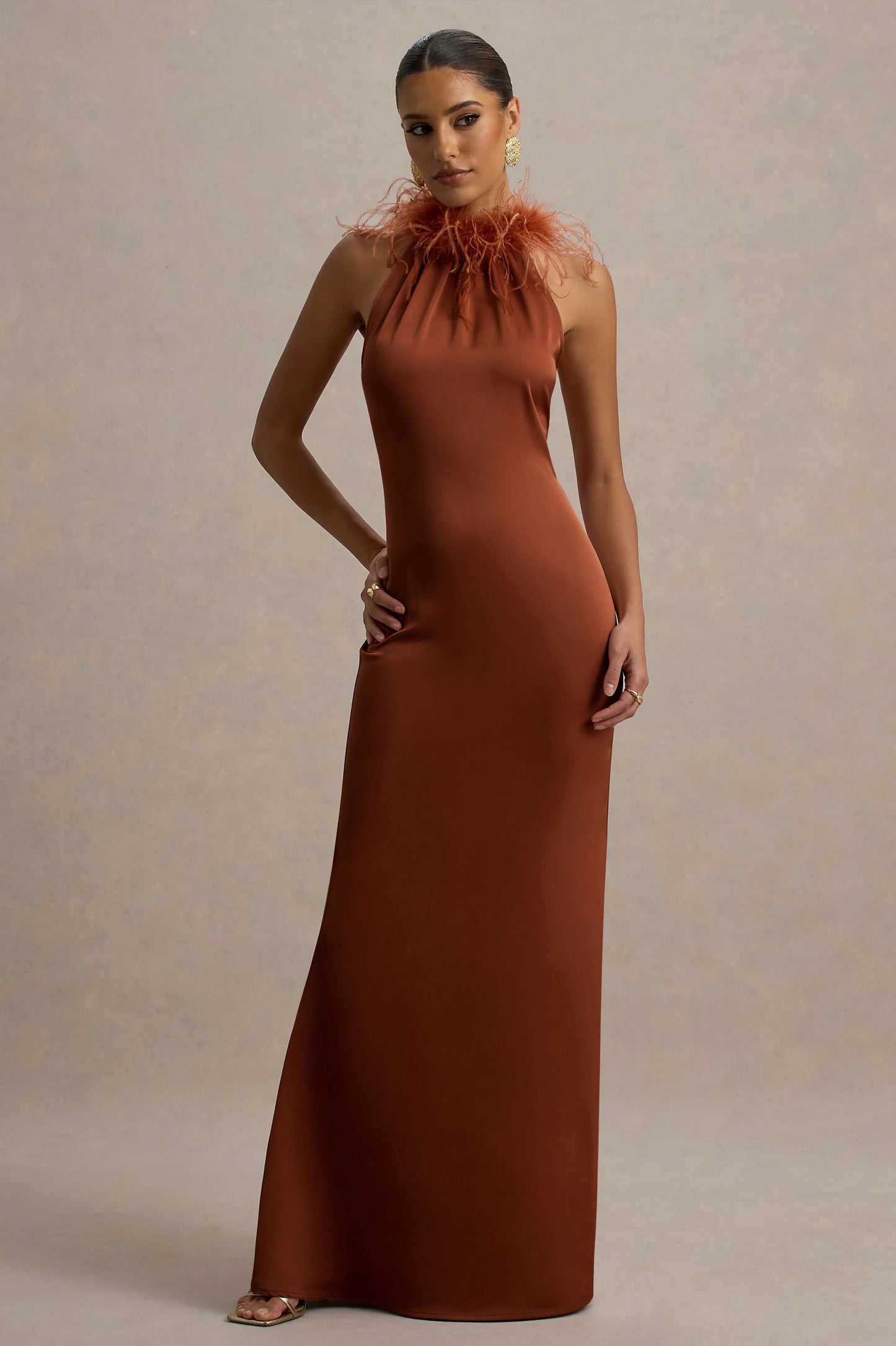 Bianca Rust Satin Feather-Trim Maxi Dress