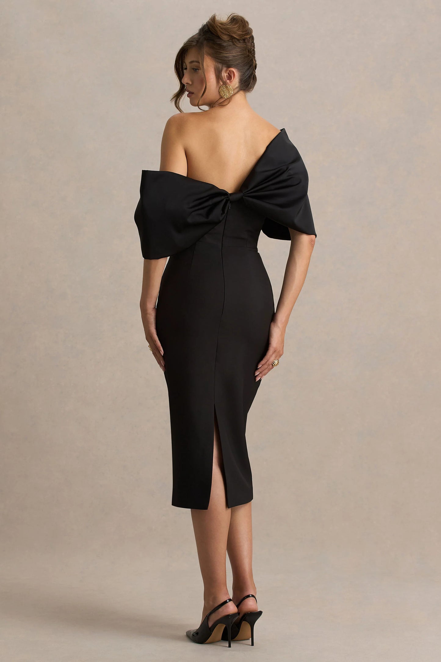 Lucille Black Asymmetric Bardot Midi Dress With Bow Detail
