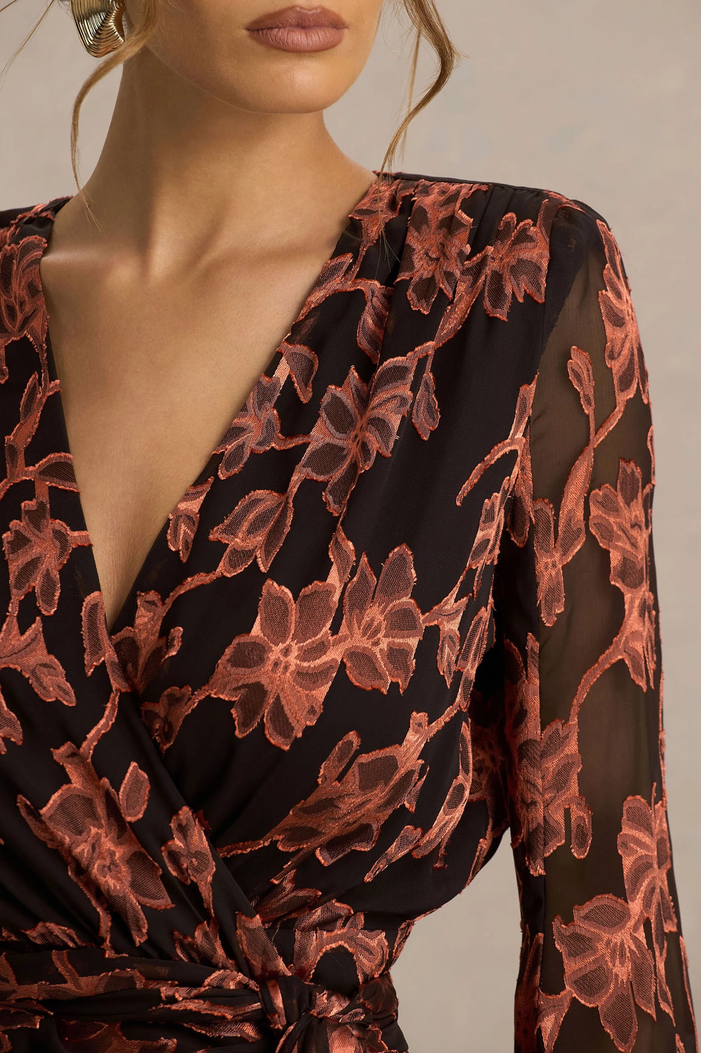 Lindsey Black And Rust Plunge-Neck Wrap Mini Dress With Bell Sleeves And Sash Detail