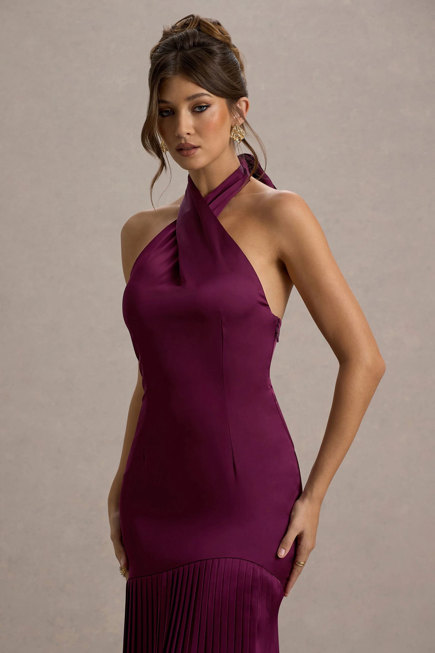 Sansa Burgundy Satin Cross Halter-Neck Plisse Maxi Dress