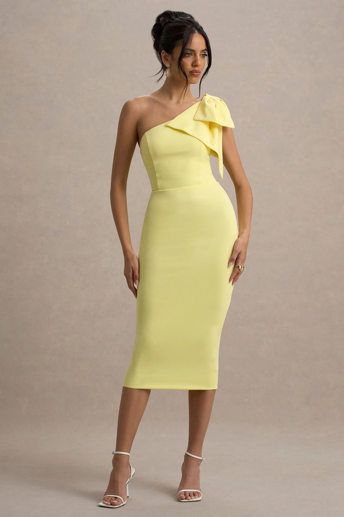 Ambretta Lemon One-Shoulder Midi Dress With Bow