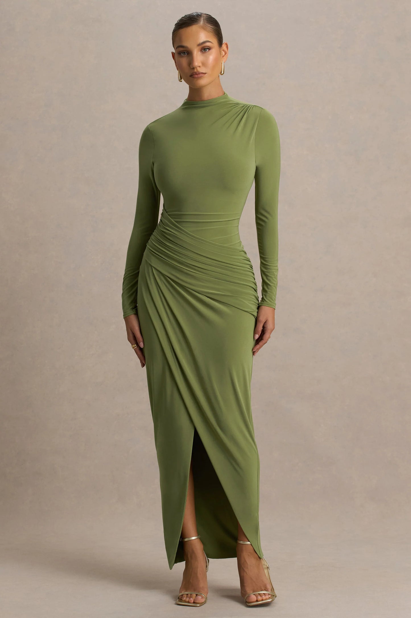 Zephyra Olive High-Neck Wrapped Maxi Dress