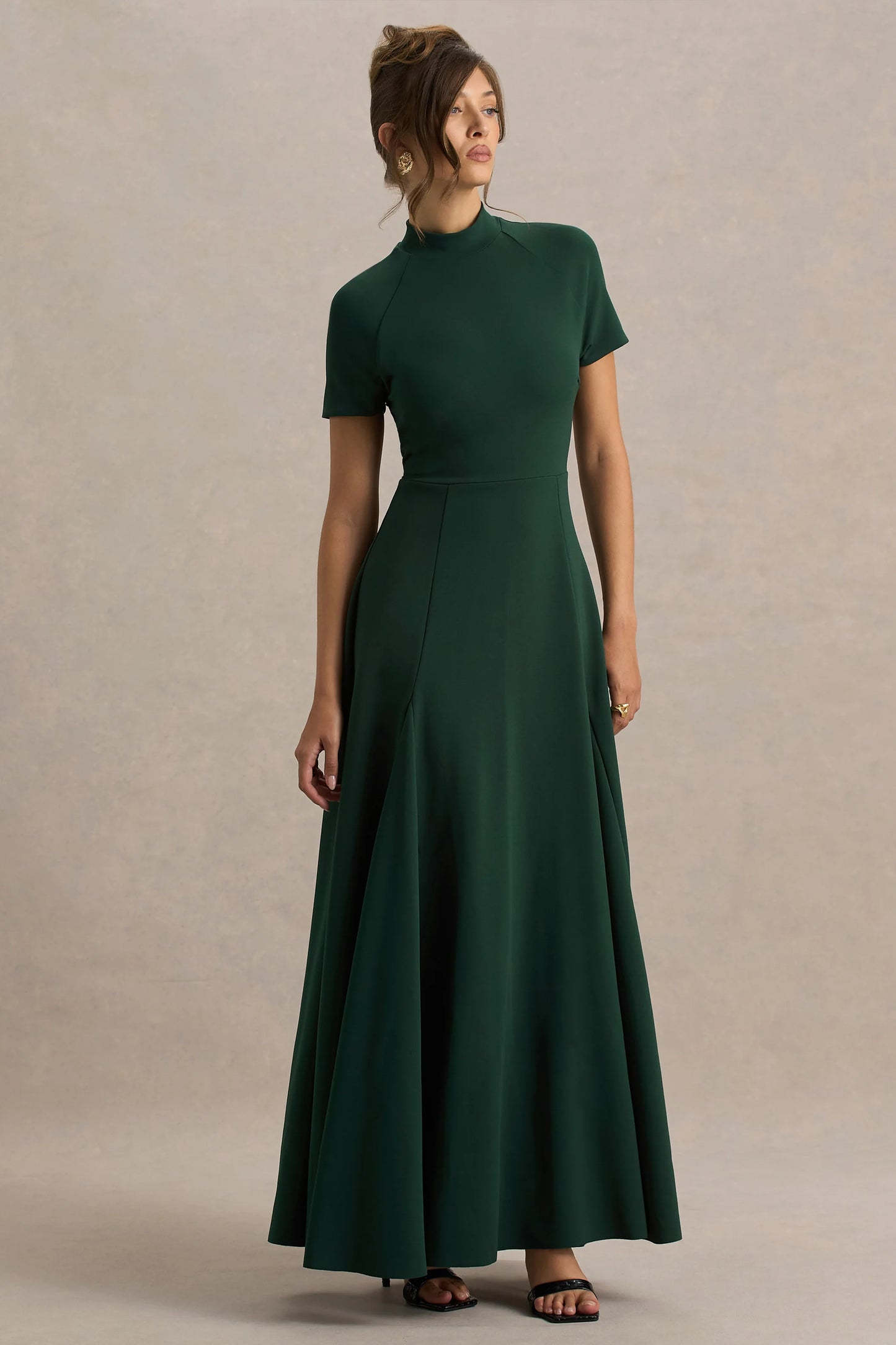 Alea Dark Green High-Neck Short-Sleeve Maxi Dress