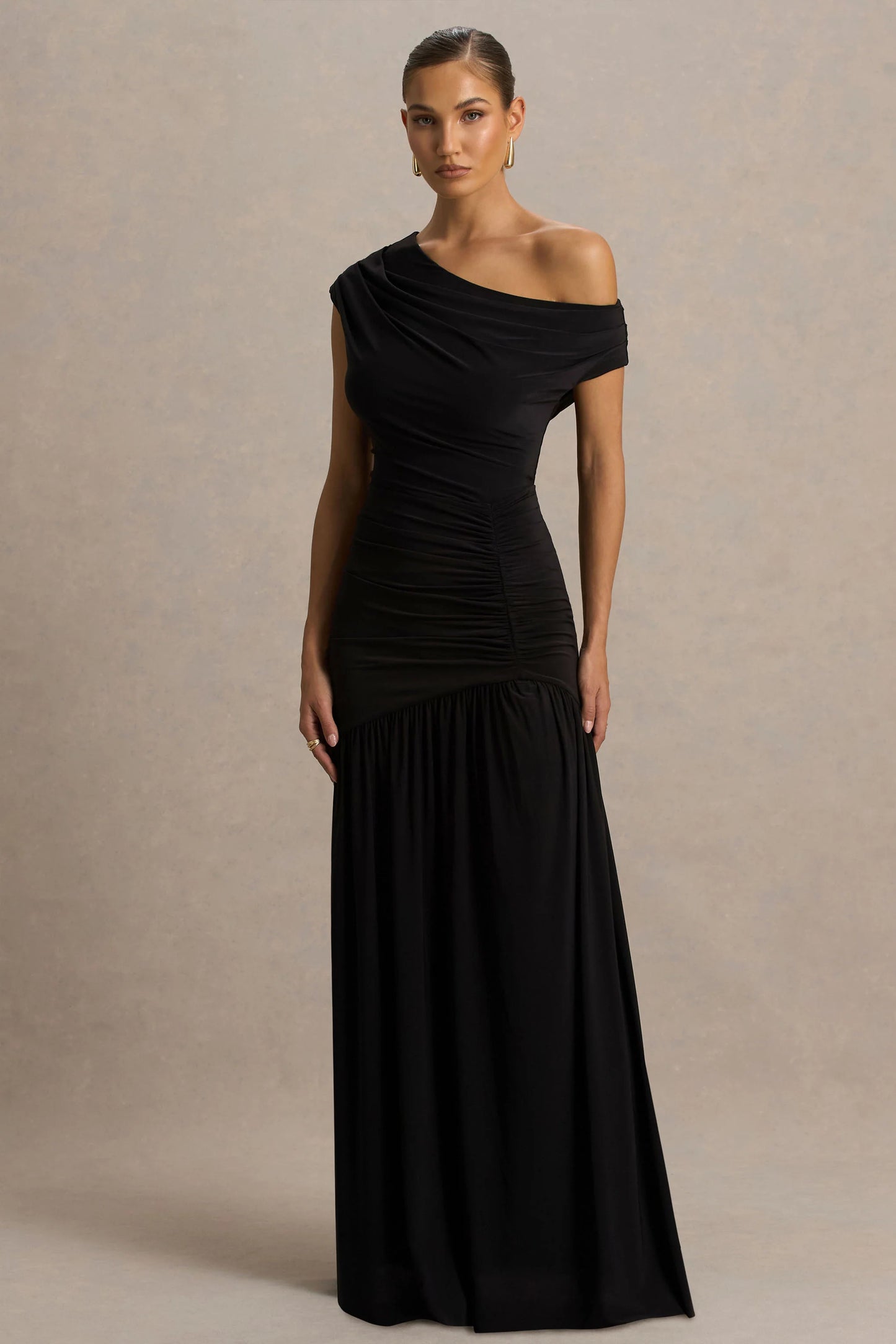 Kady Black Asymmetric-Neck Maxi Dress With Ruched Detailing and Front-High Split