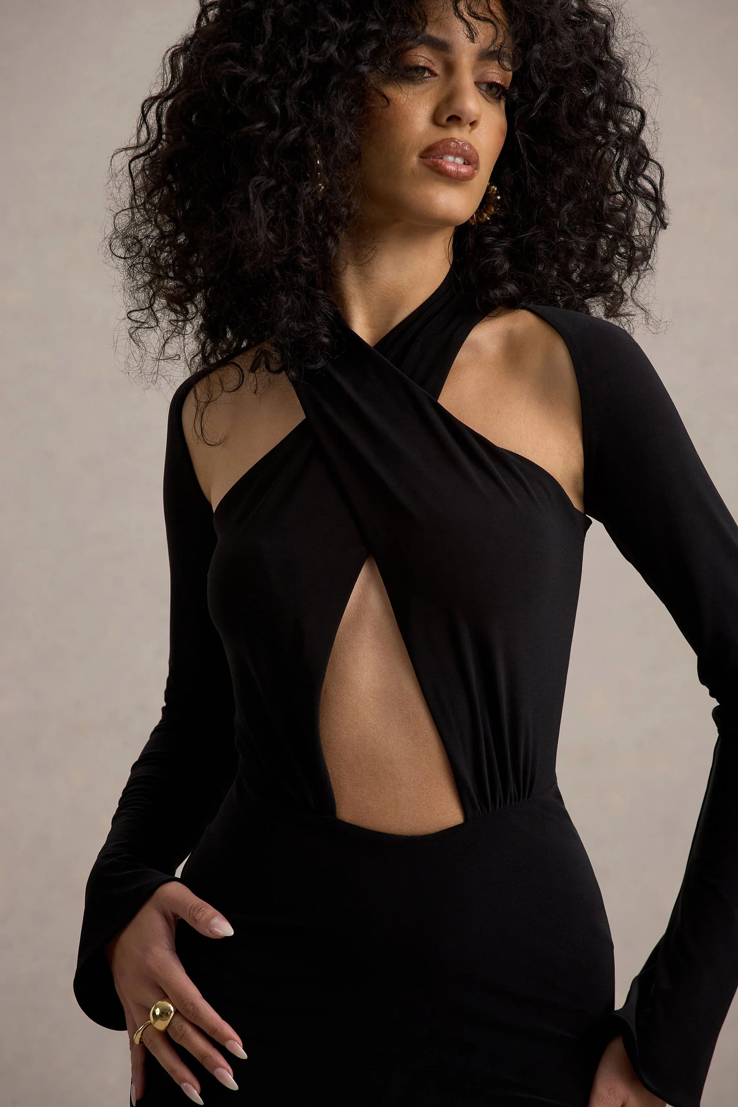 Gita Black Halter-Neck Long-Sleeve Maxi Dress