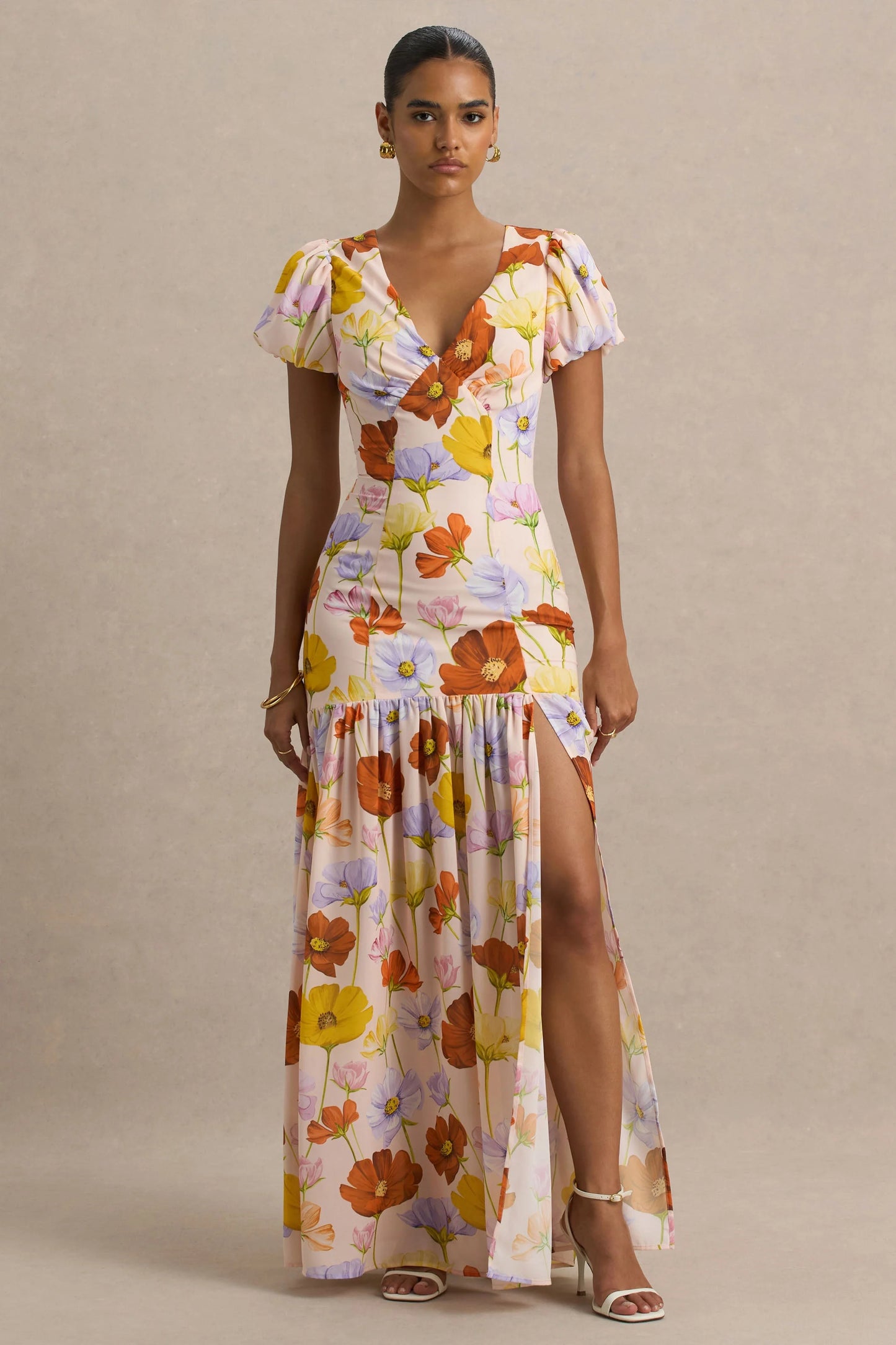 Ginny Bright Floral Print Puff-Sleeve Split Maxi Dress
