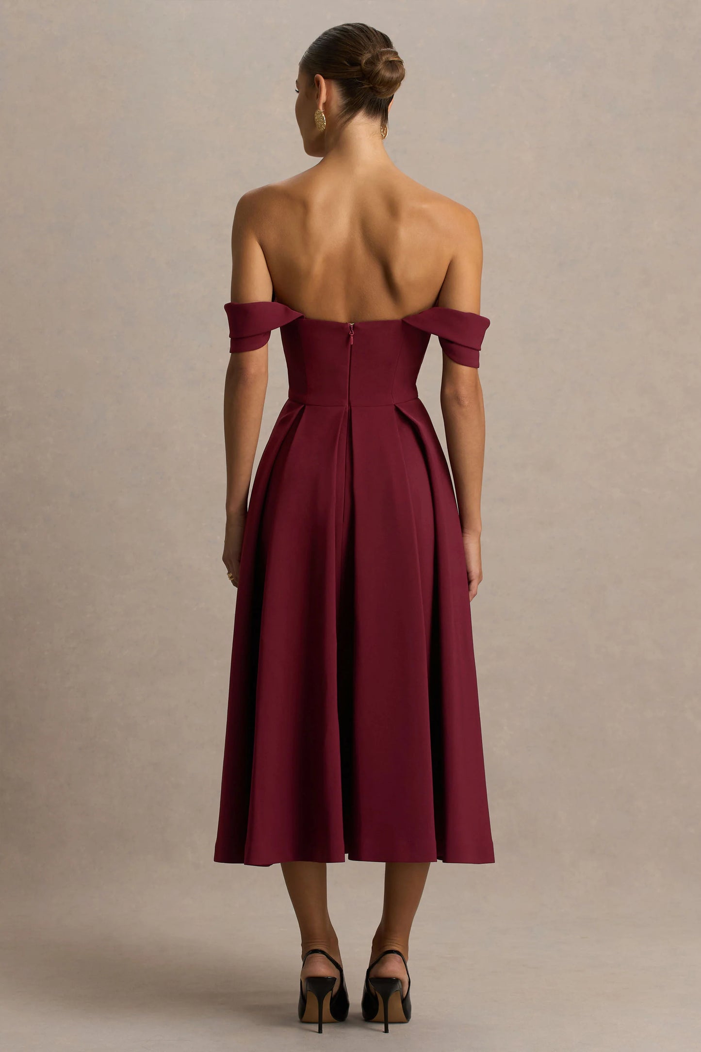 Cosima Burgundy Bardot-Neck Midi Dress