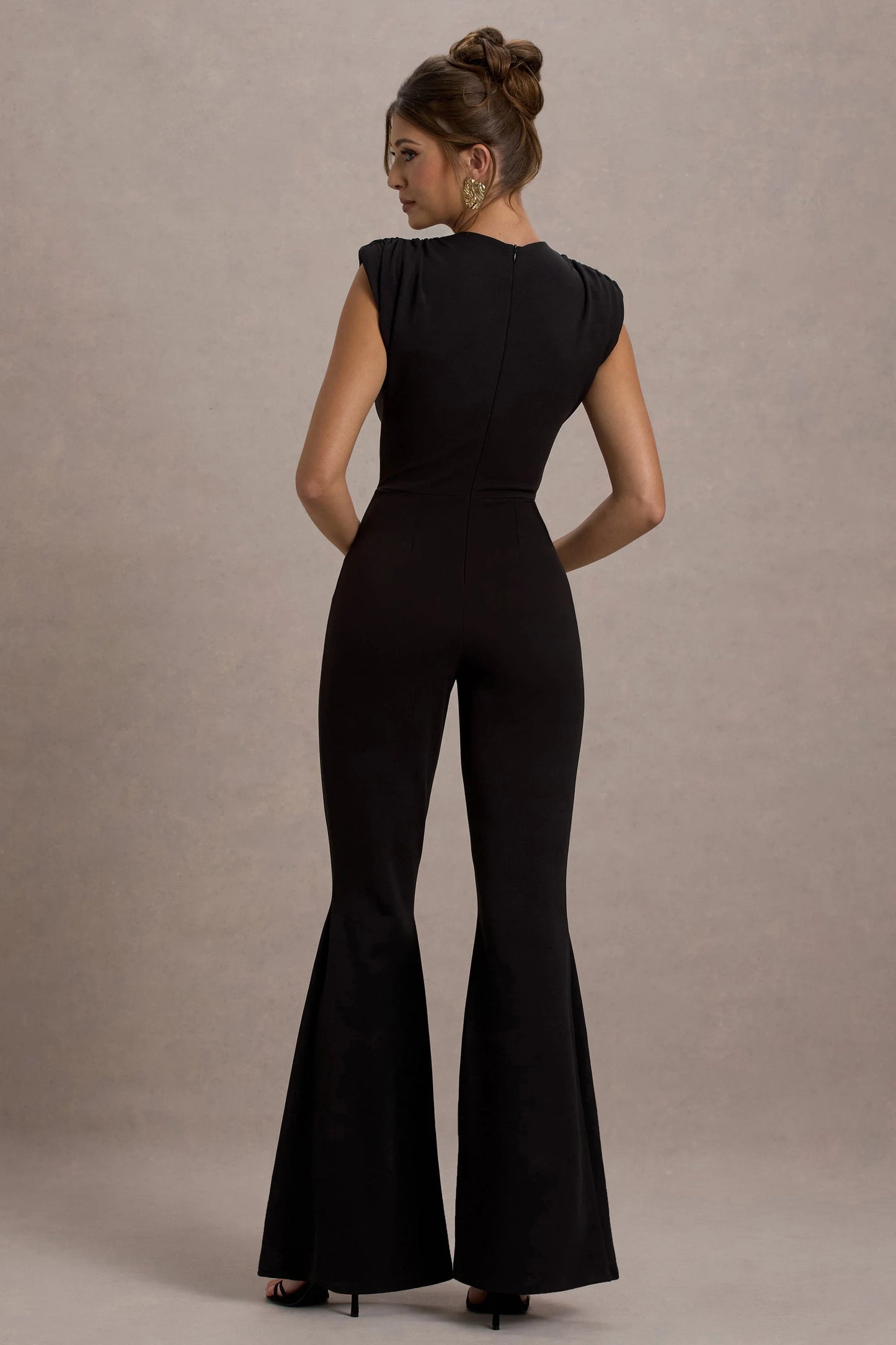 Elyna Black High-Neck Draped Flared-Leg Jumpsuit