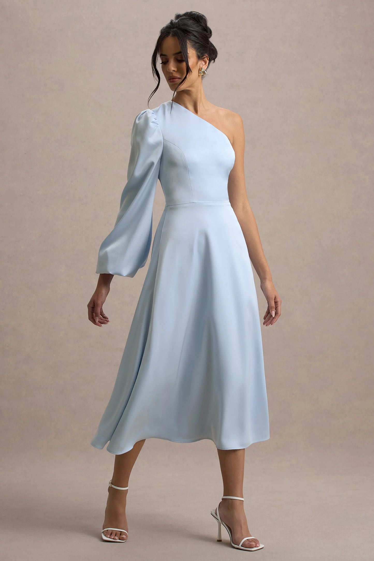 Haila Powder Blue Satin One-Shoulder Midi Dress