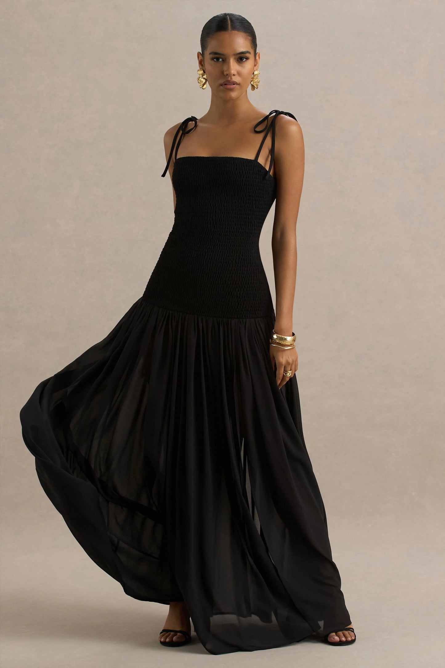 Maeva Black Square-Neck Fishtail Maxi Dress With Ruched Detailing