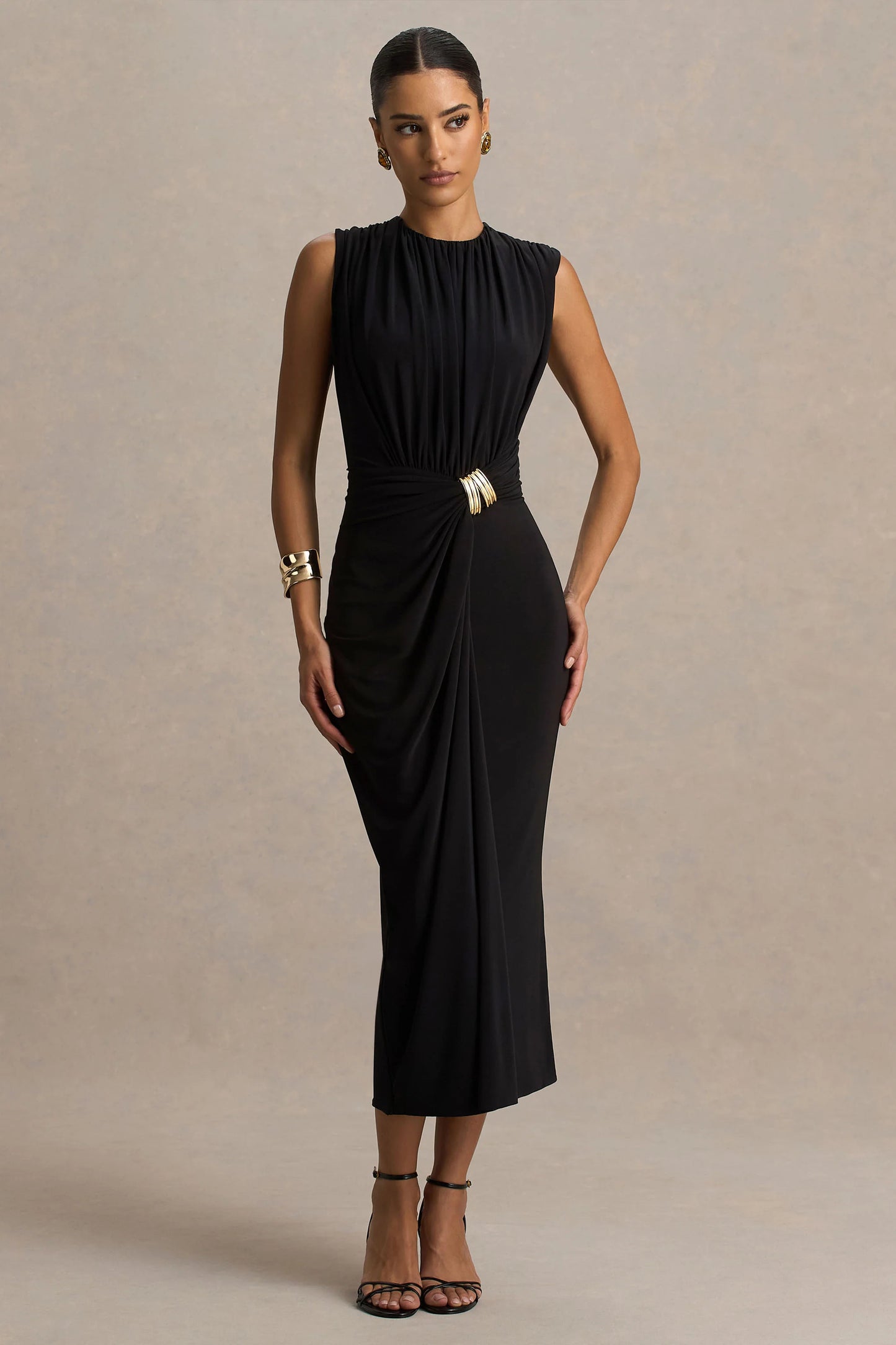 Harlow Black Crew-Neck Wrapped Midi Dress