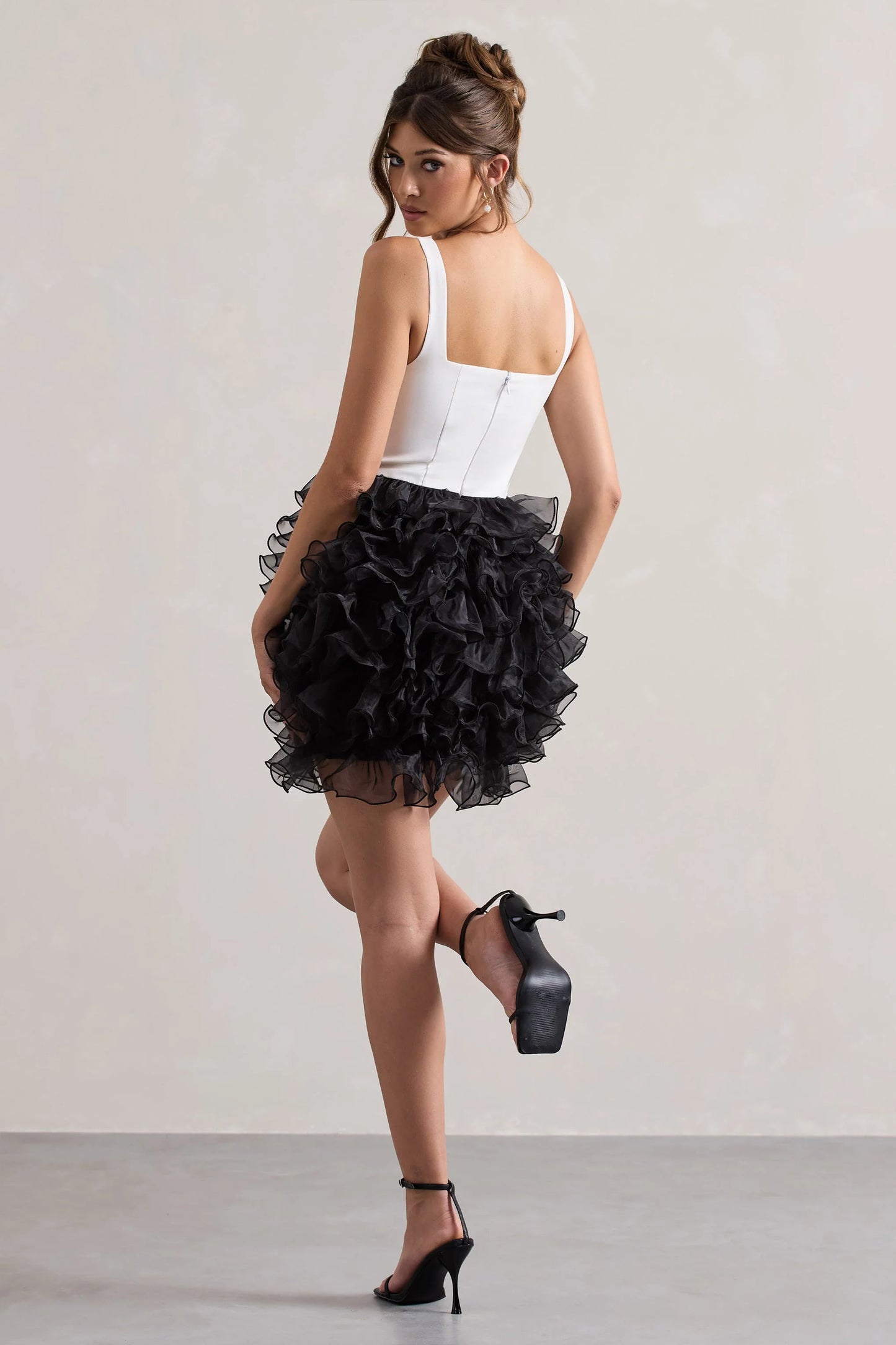 Riot Black & White Plunge-Neck Mini Dress With Organza Skirt