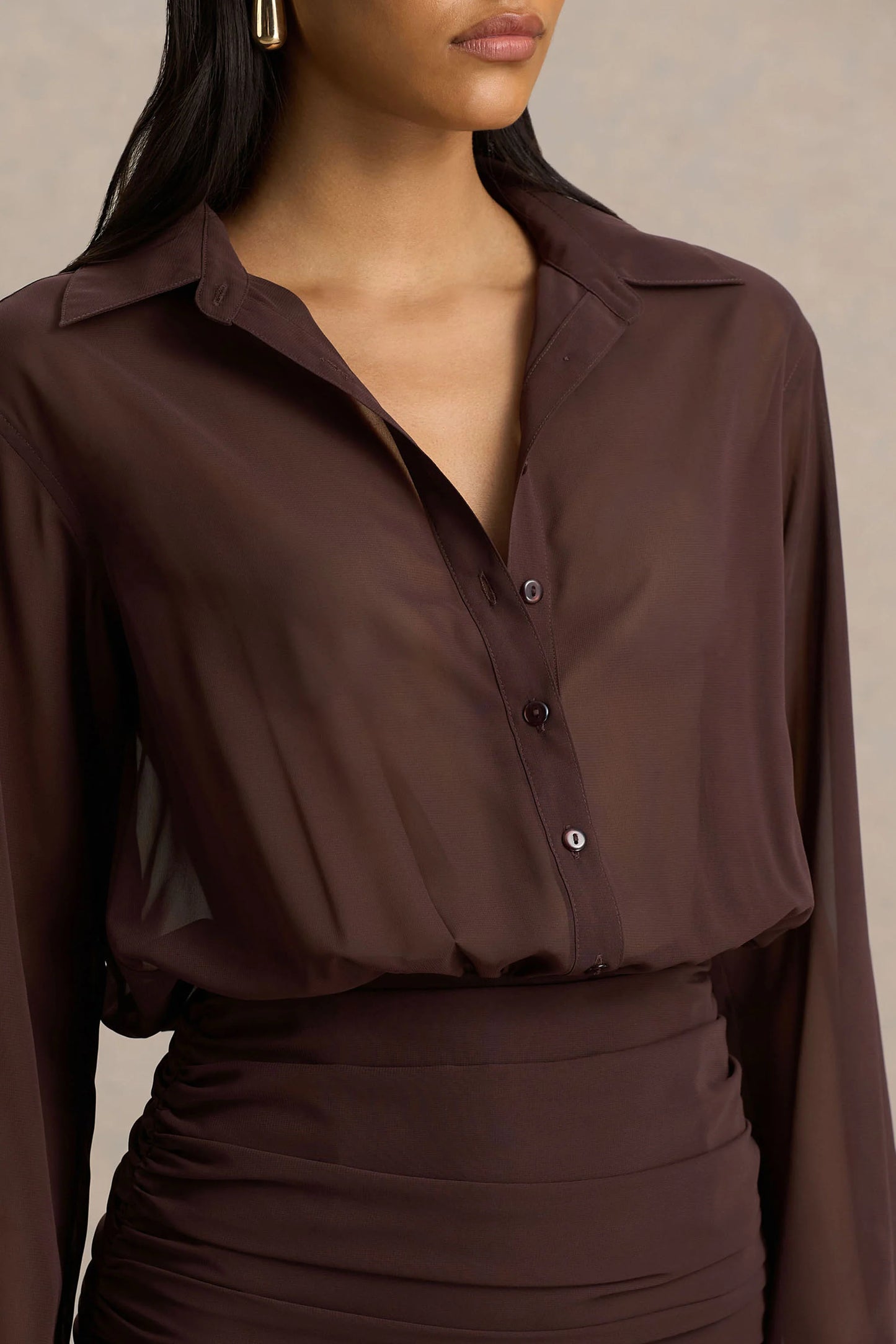 Kris Brown Plunge-Neck Maxi Dress With Ruched Detailing