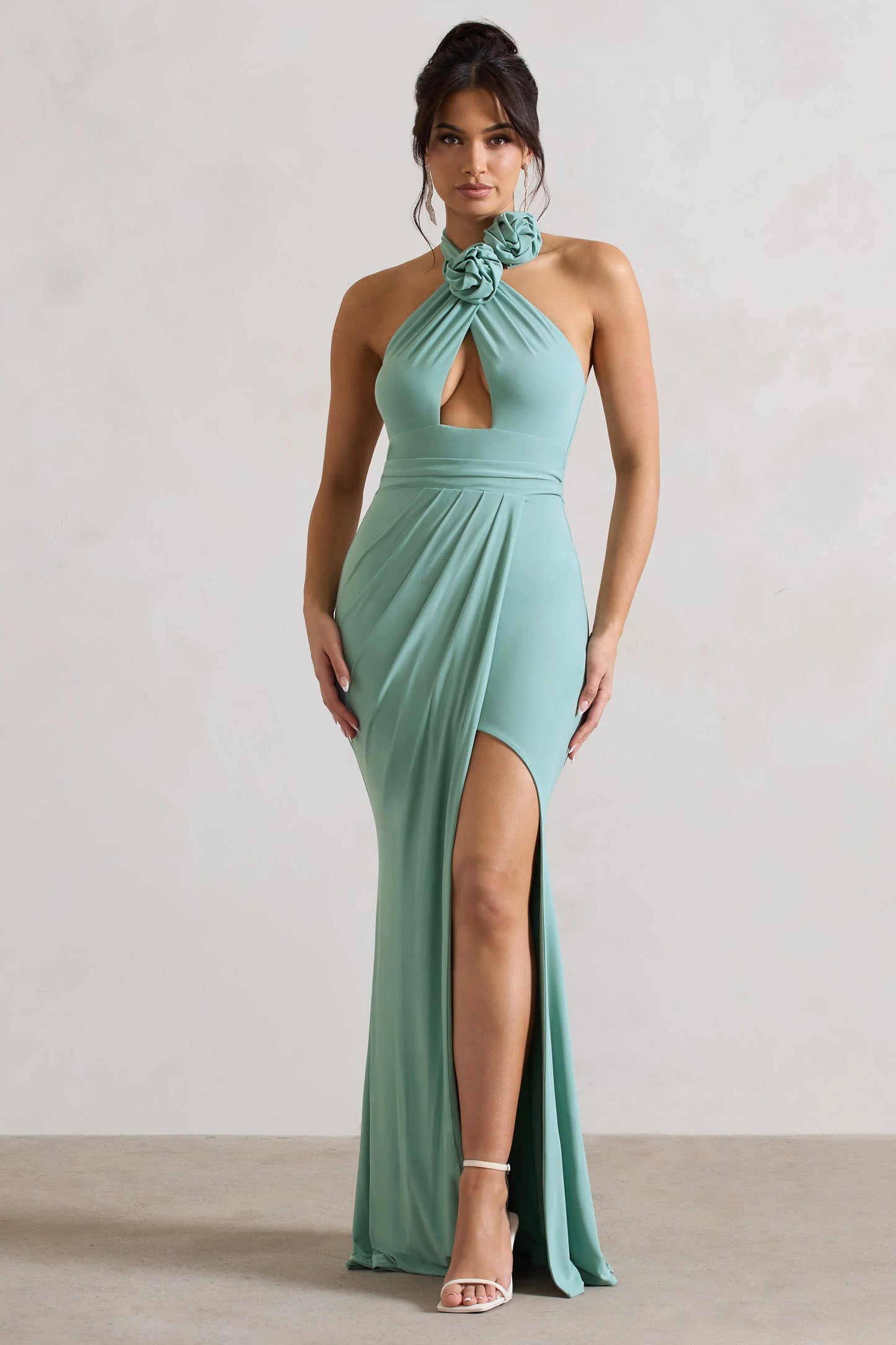 Kira Sage Halter-Neck Cut-Out Split Maxi Dress With Flowers