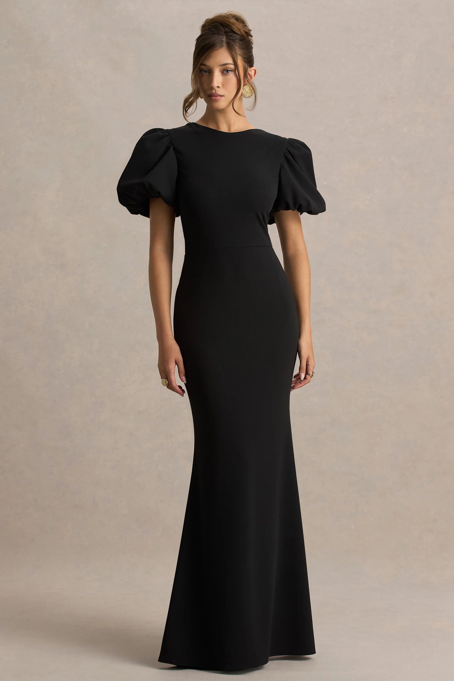 Carolina Black Puff-Sleeve Maxi Dress With White Bow Detail