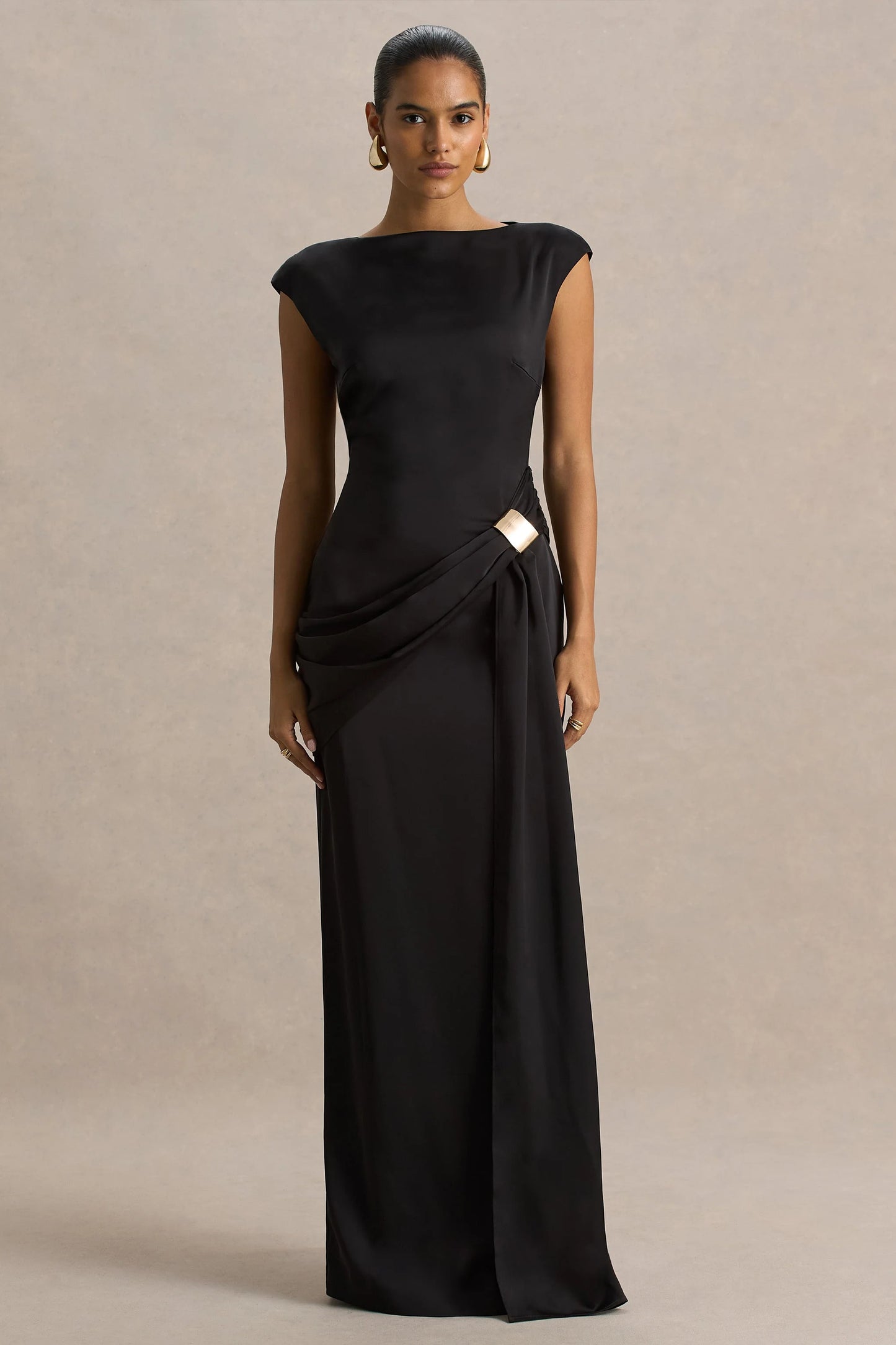 Influence Black Satin Slashed-Neck Maxi Dress With Embellished Detail And Sash