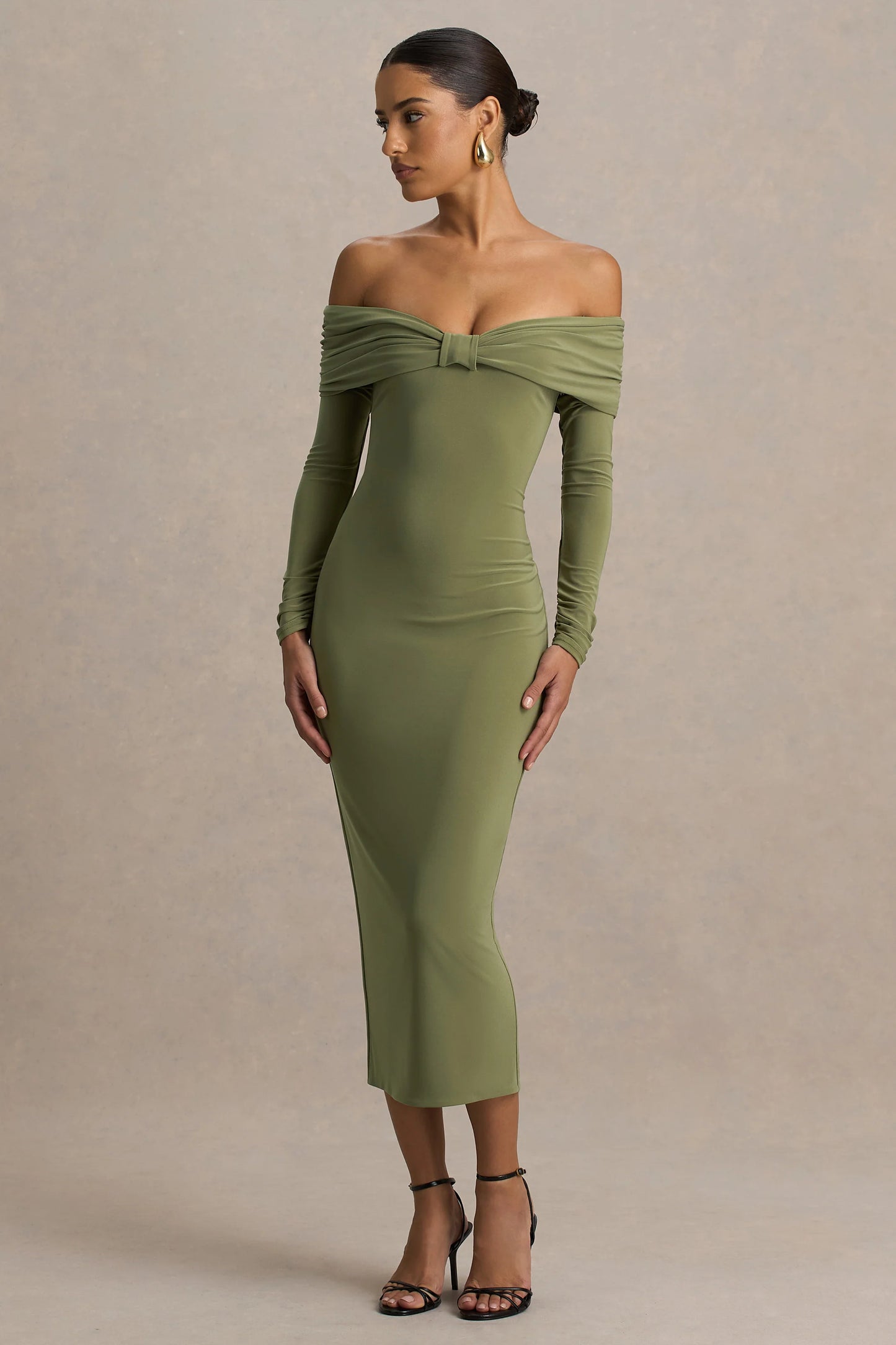 Spark Olive Bardot-Neck Midi Dress With Bow Detail