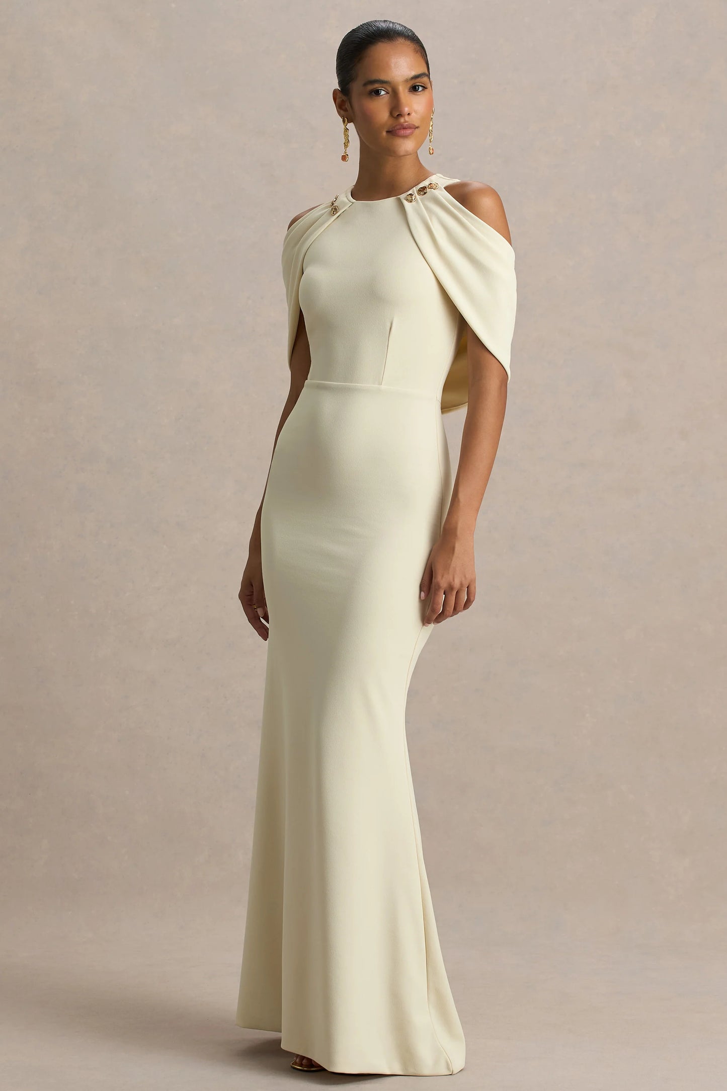 Yulia Sand High-Neck Maxi Dress With Cape Sleeves