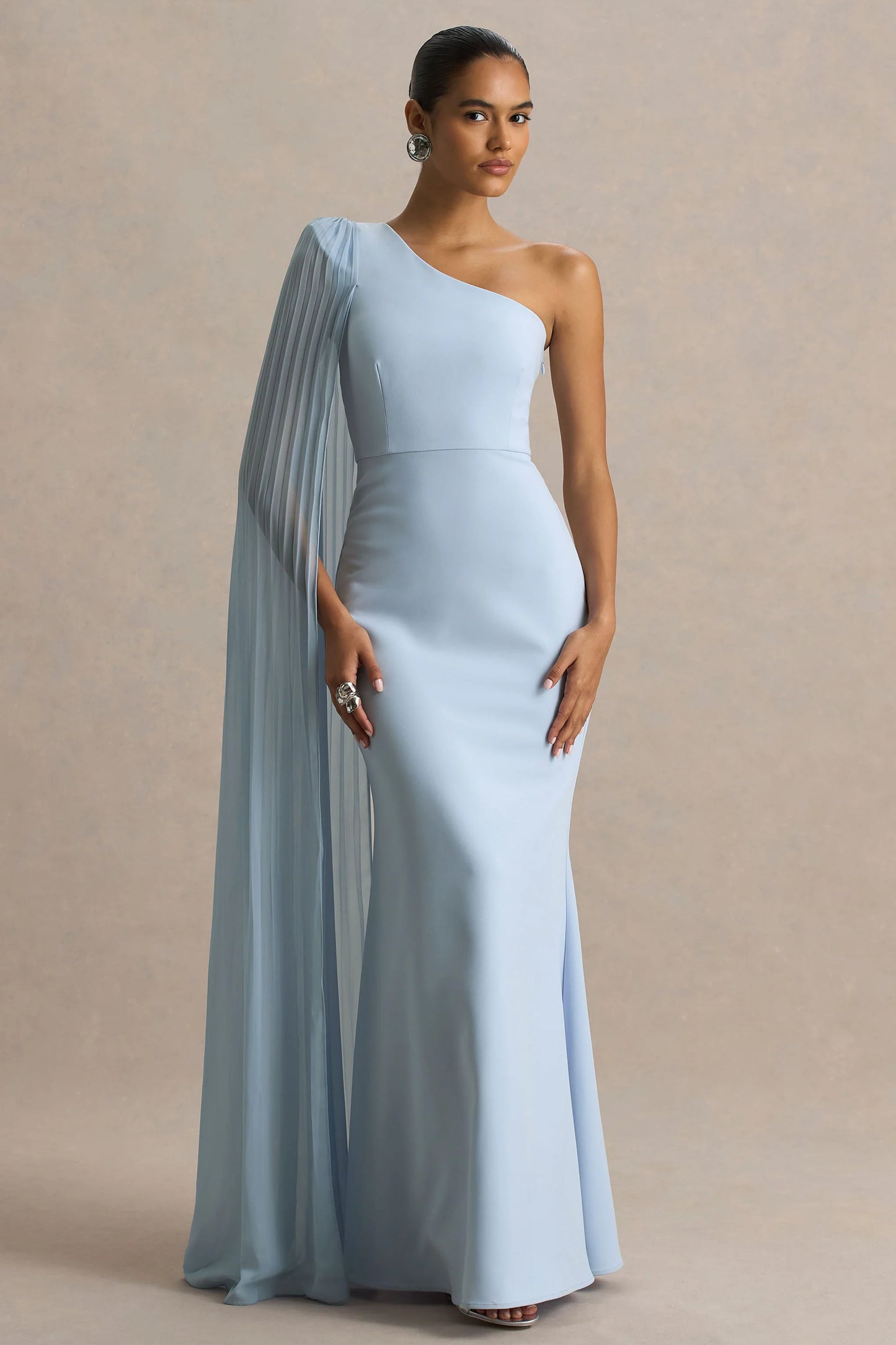Athens Powder Blue Asymmetric-Neck Maxi Dress With Cape Sleeve Detail