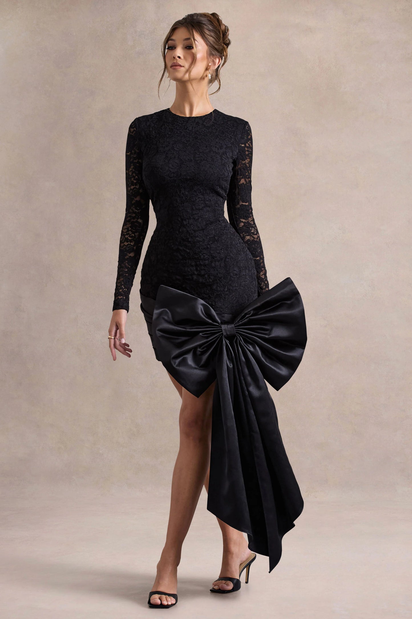 Evry Black Lace Long-Sleeve Mini Dress With Oversized Satin Bow