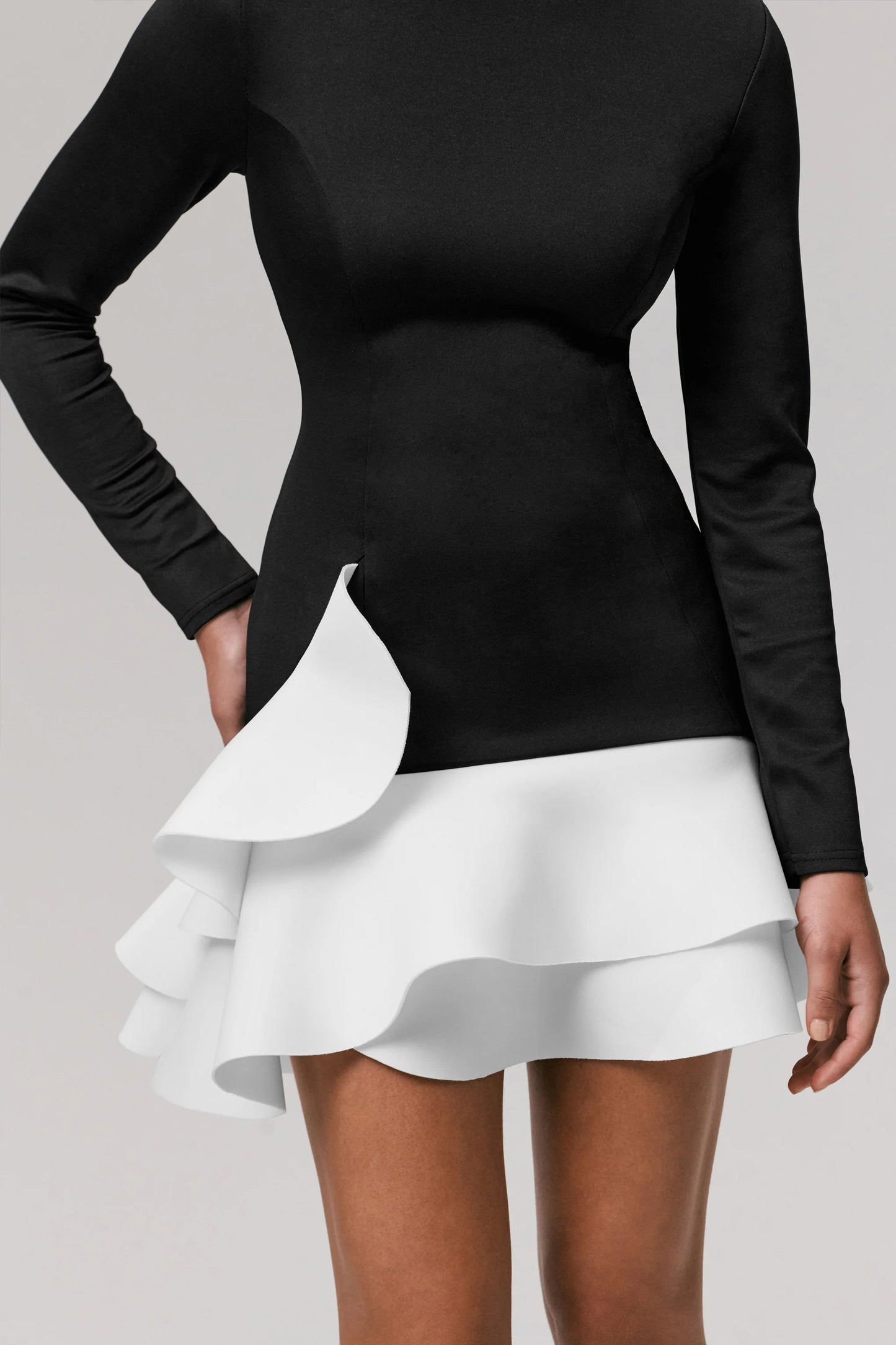 Lucinda Black & White Long-Sleeve Mini Dress With Ruffle Hem