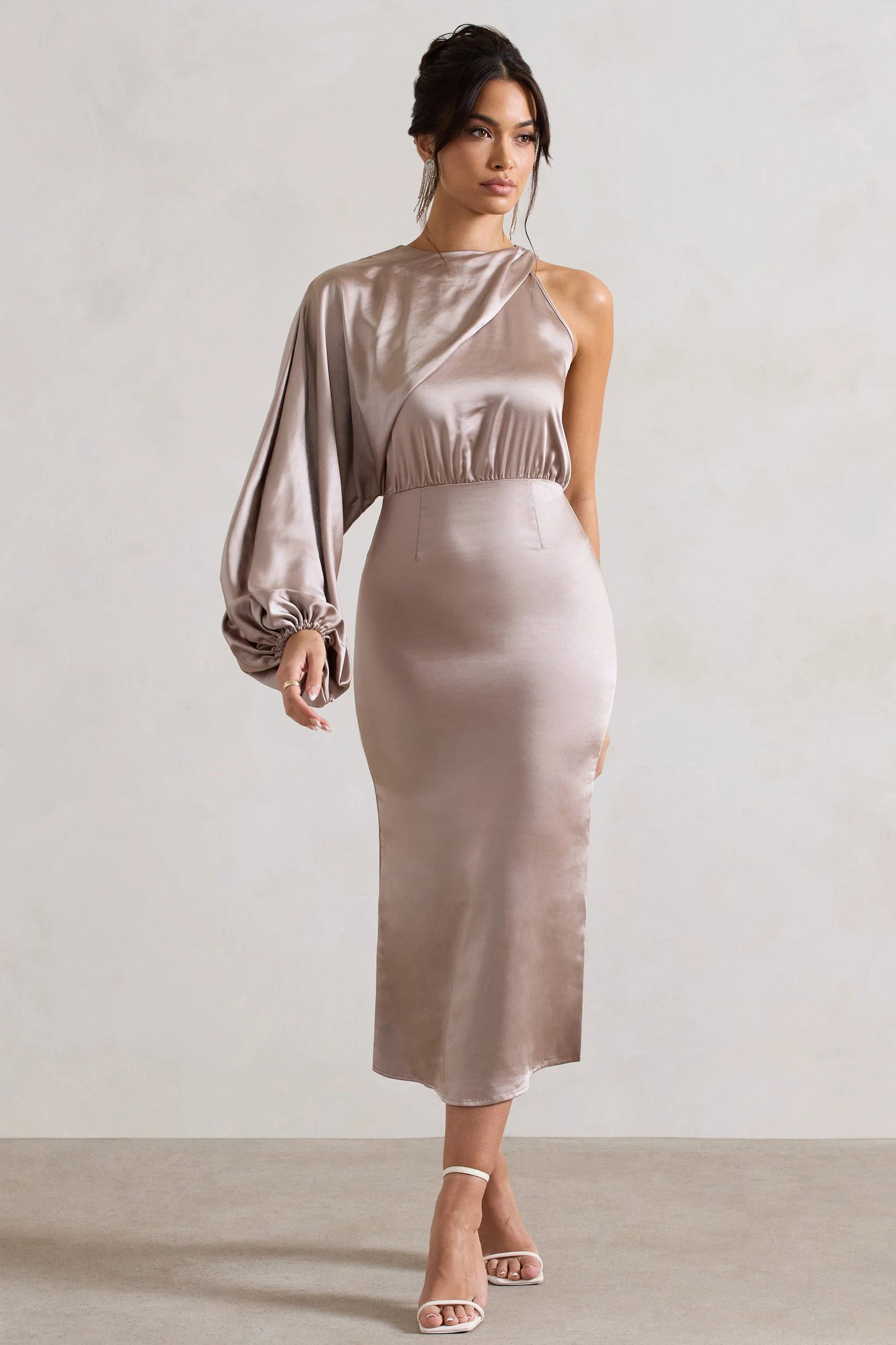 Nola Taupe Satin One-Sleeve Midi Dress