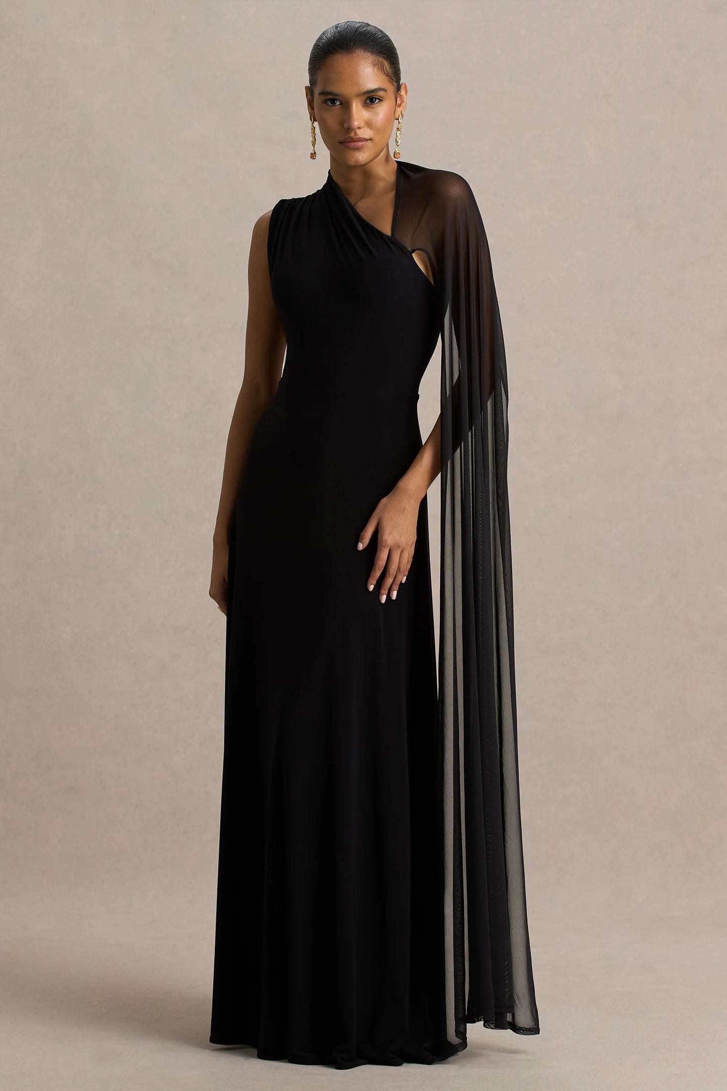 Selena Black High-Neck Maxi Dress With Cut-Out And Cape Sleeve Detail