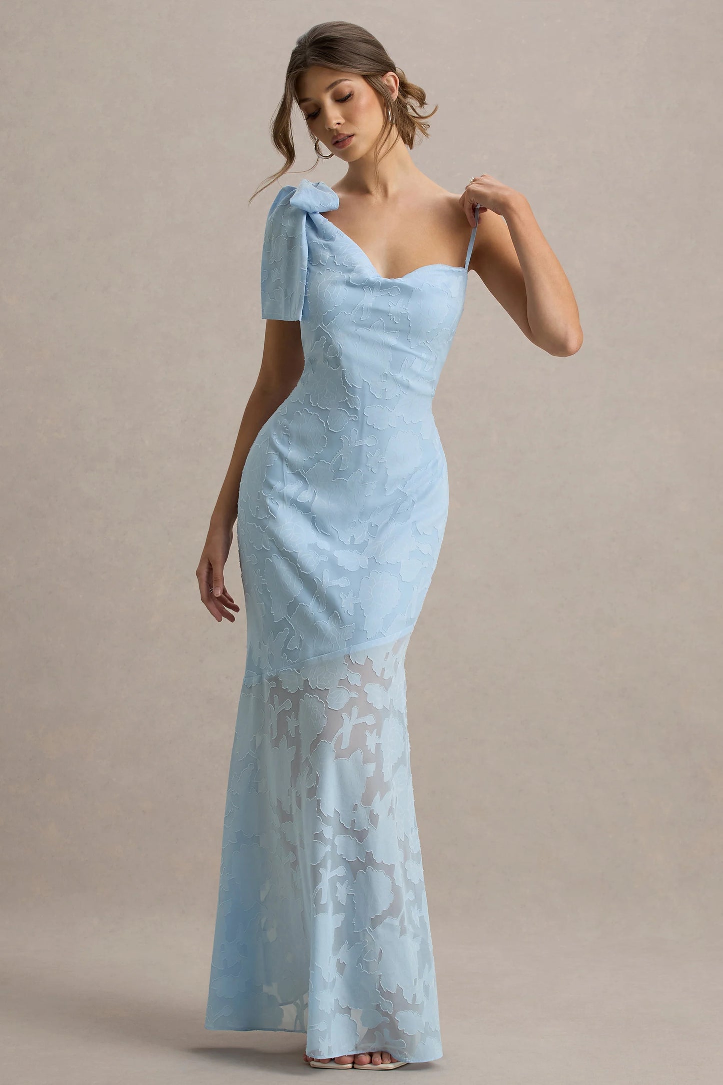 Chyna Light Blue Cowl-Neck Maxi Dress With Bow Strap