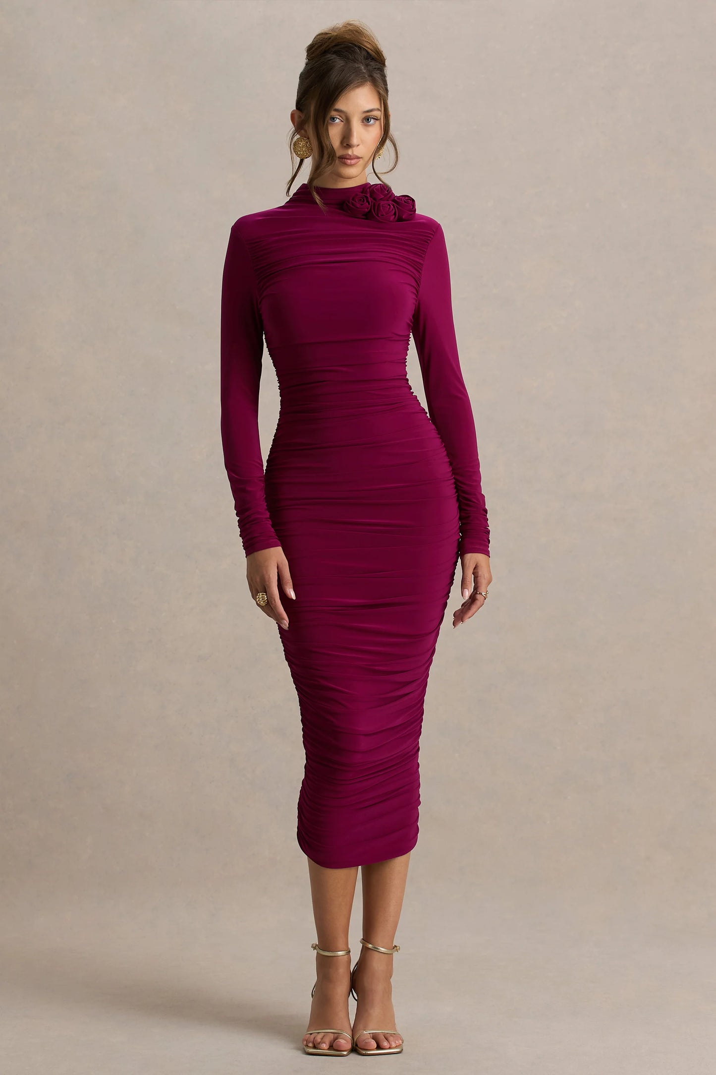 Tamara Burgundy Long-Sleeve Ruched Midi Dress
